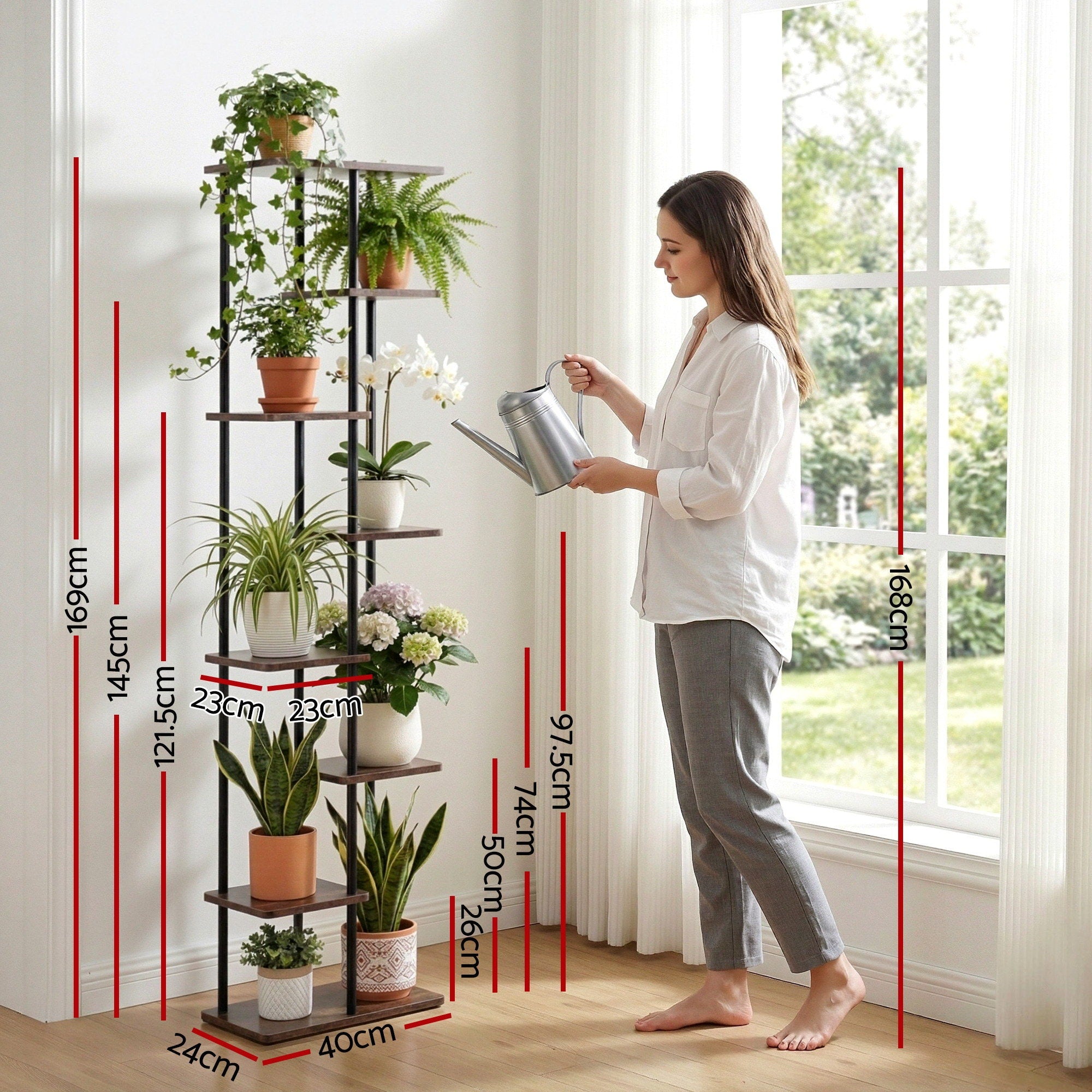 8-Tier Plant Stand Shelf 169cm - Black & Brown - Homecoze