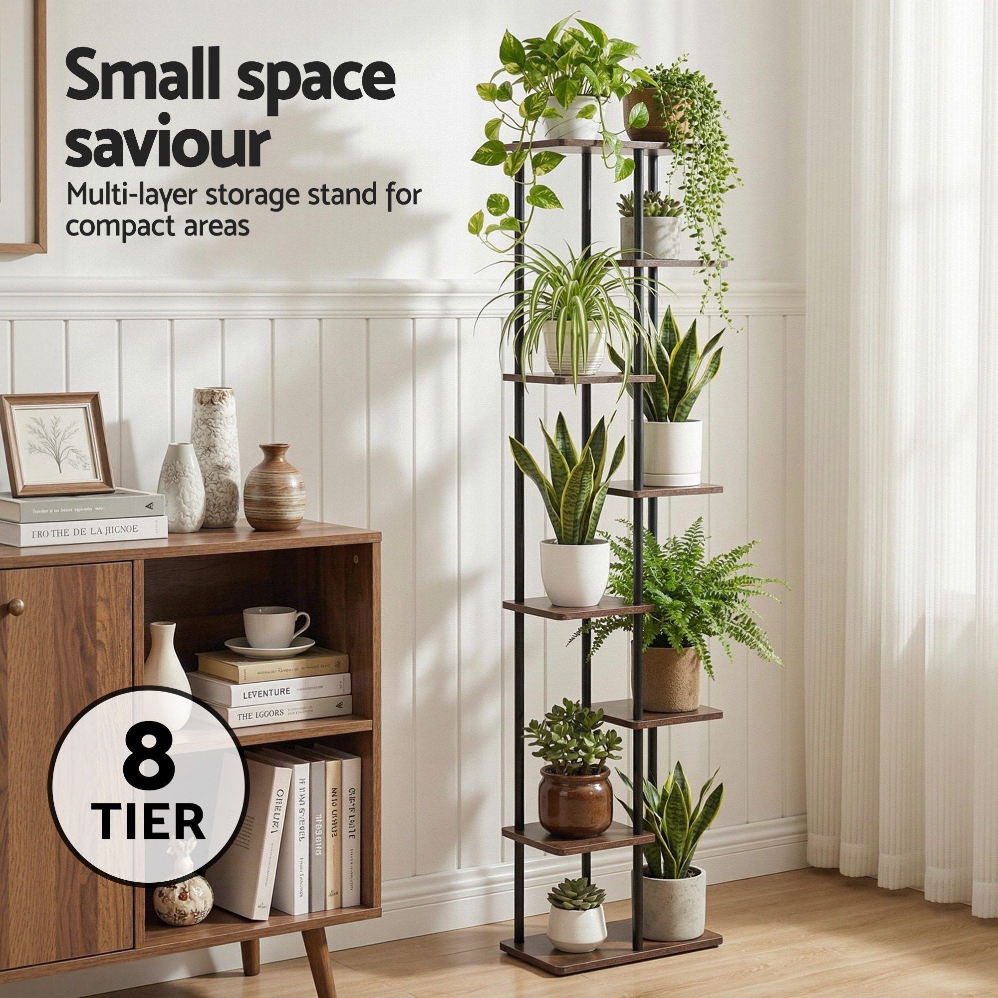8-Tier Plant Stand Shelf 169cm - Black & Brown - Homecoze