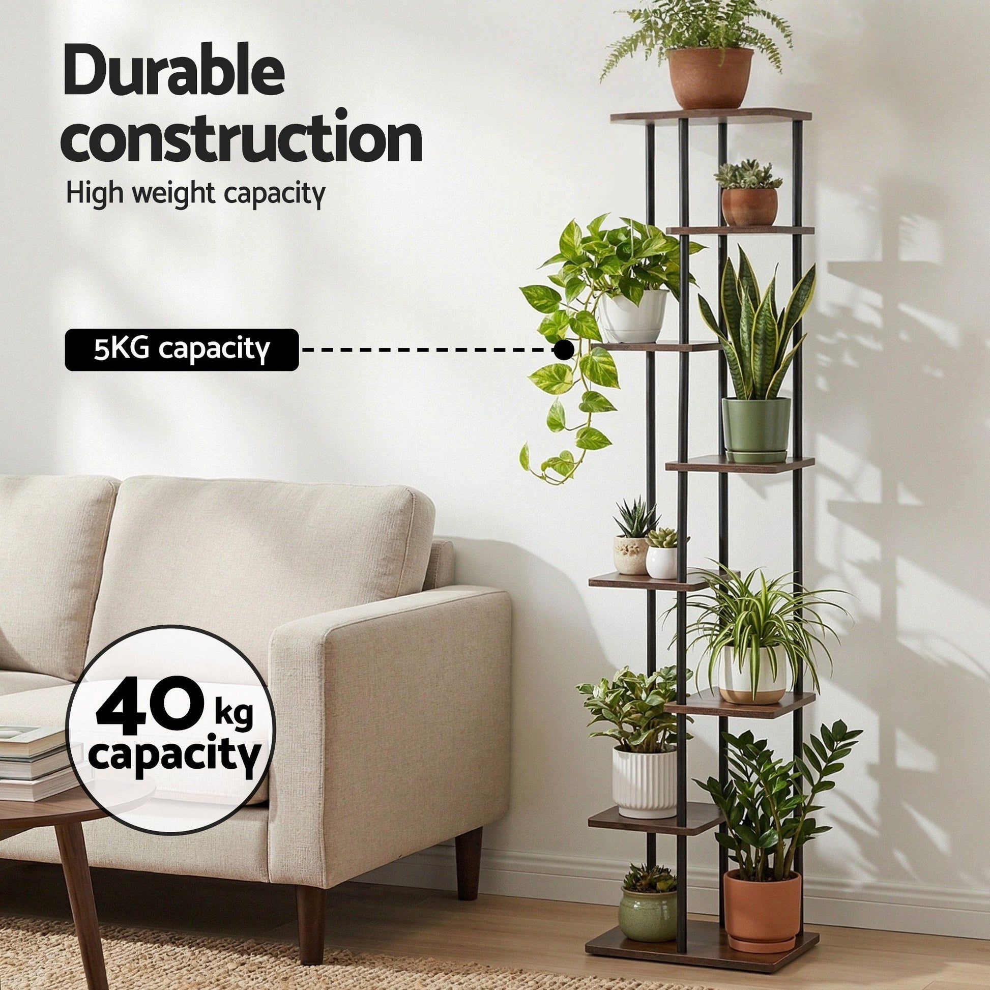 8-Tier Plant Stand Shelf 169cm - Black & Brown - Homecoze