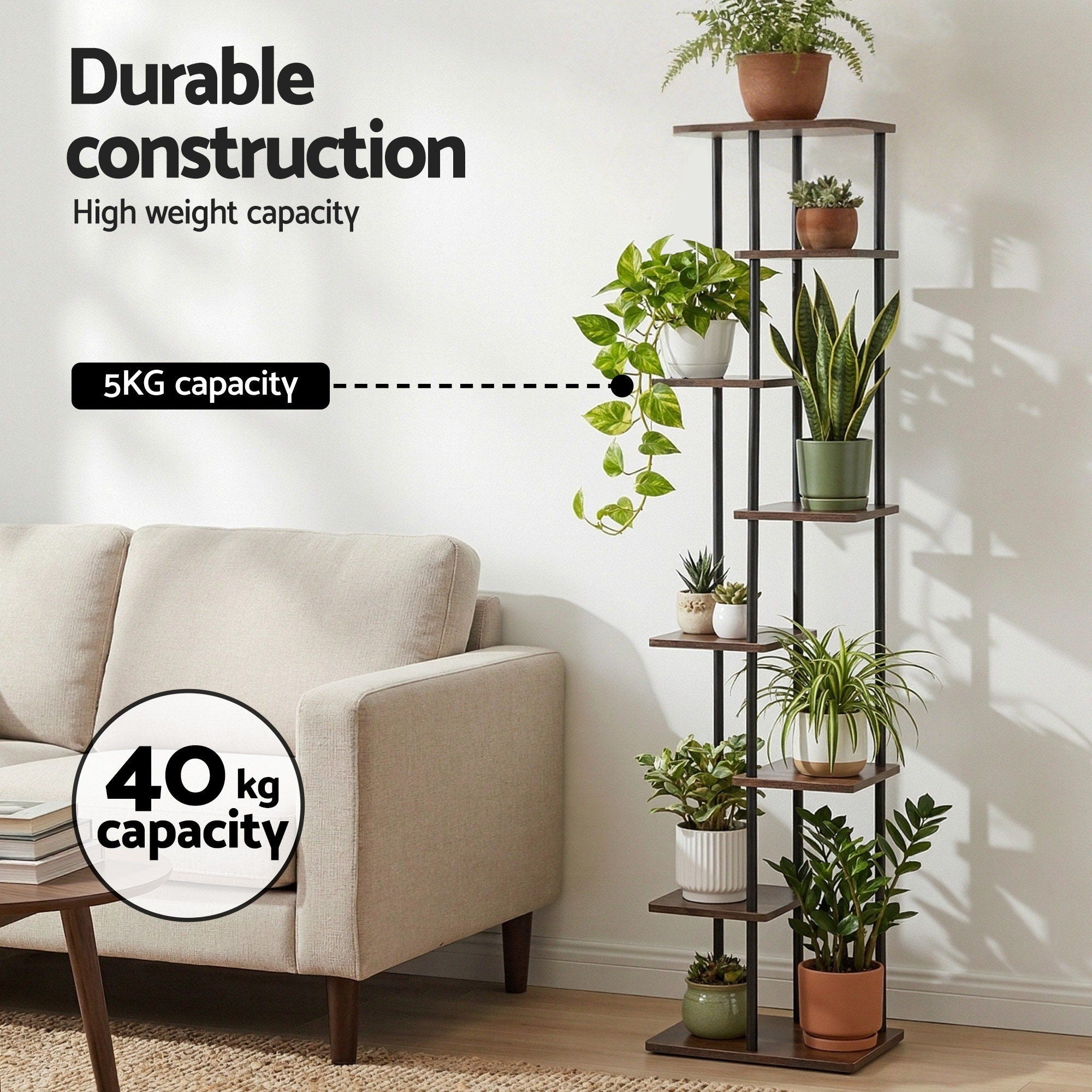 8-Tier Plant Stand Shelf 169cm - Black & Brown - Homecoze