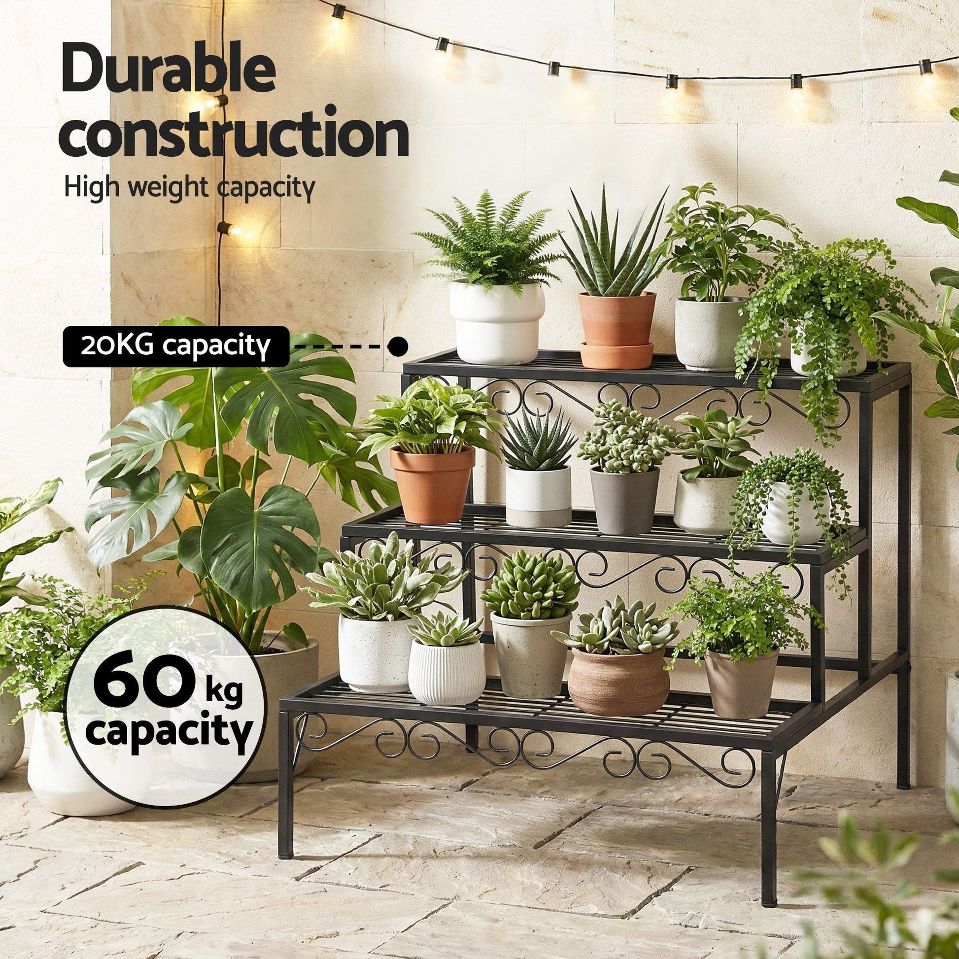 3-Tier Plant Stand Shelf 62cm - Black - Homecoze