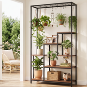Elwood Plant Stand Bookshelf with Hanging Hooks – Rustic