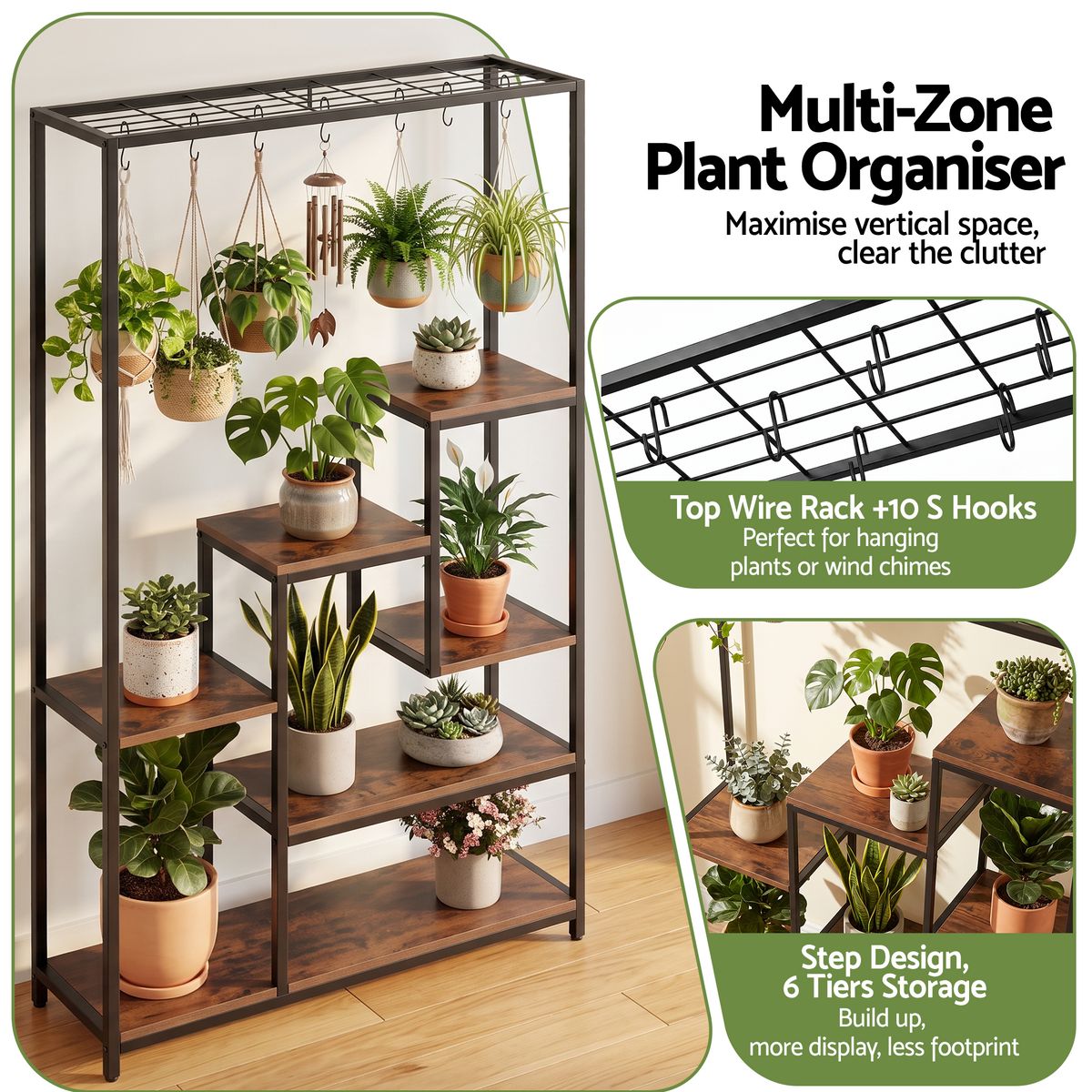 Elwood Plant Stand Bookshelf with Hanging Hooks – Rustic