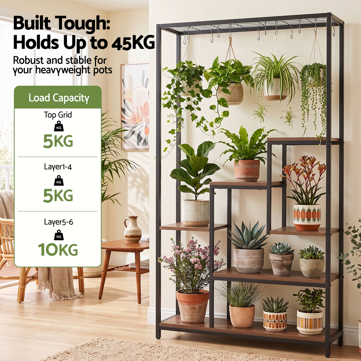 Elwood Plant Stand Bookshelf with Hanging Hooks – Rustic