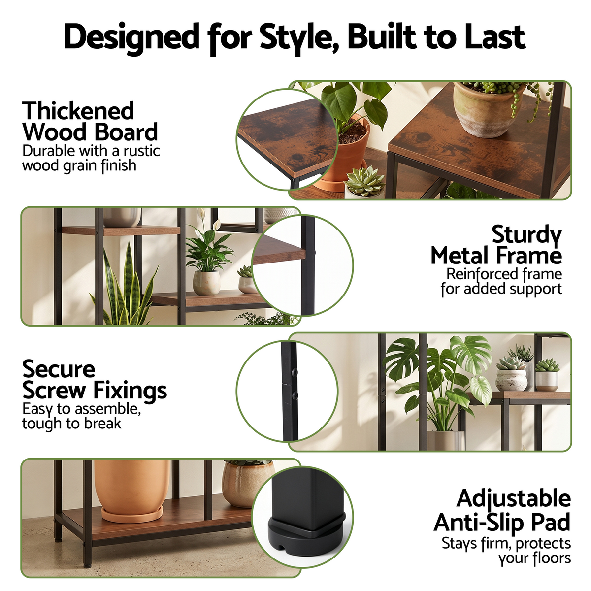 Elwood Plant Stand Bookshelf with Hanging Hooks – Rustic