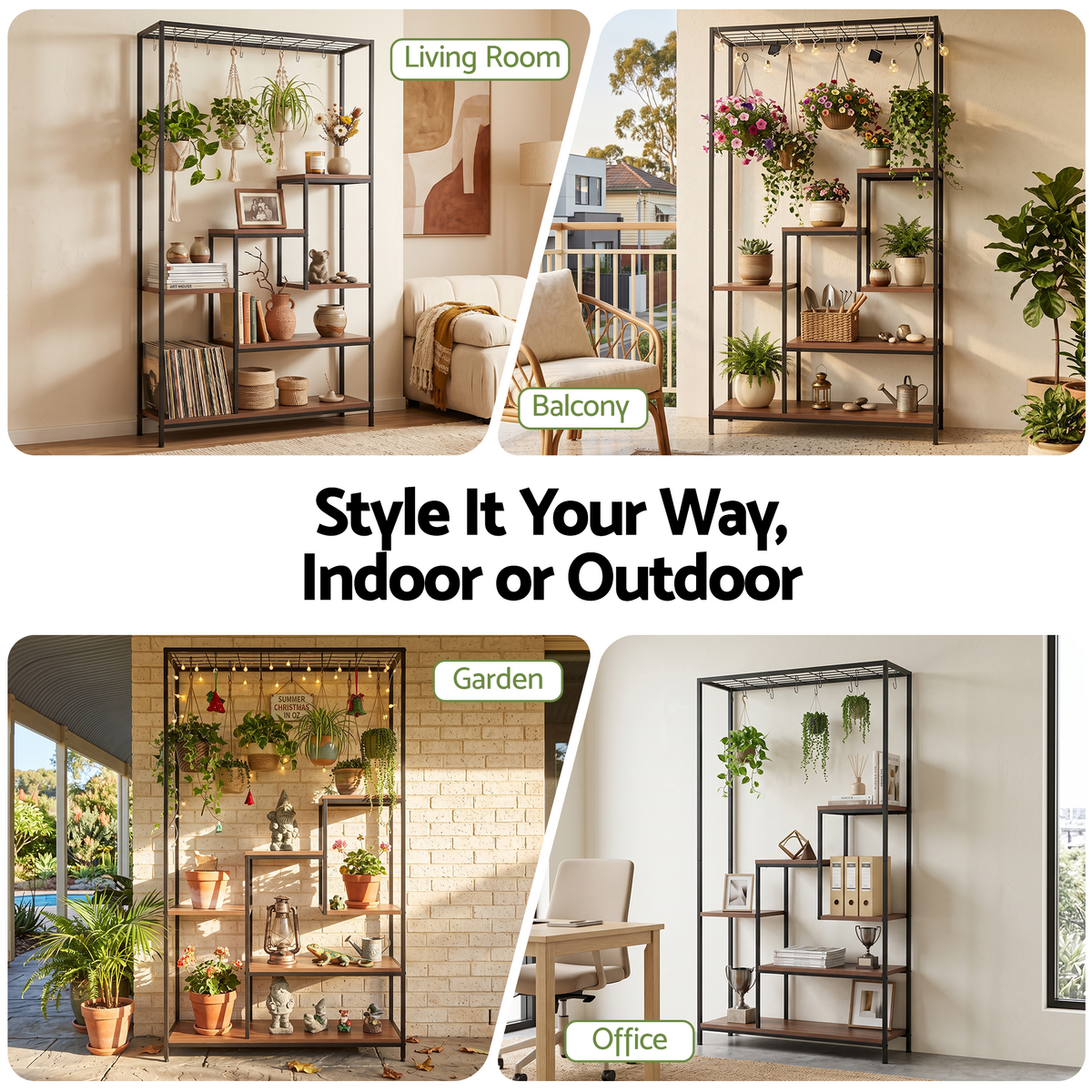 Elwood Plant Stand Bookshelf with Hanging Hooks – Rustic