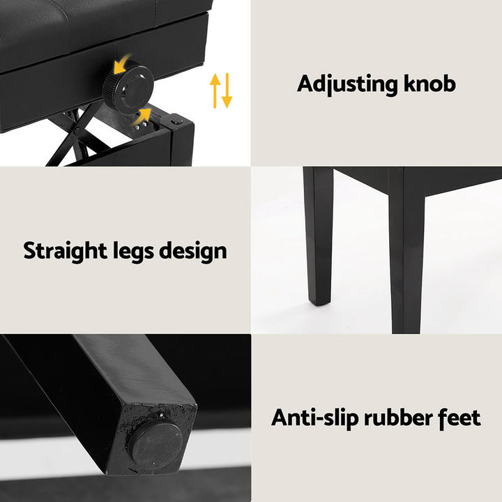 Piano Stool PU Leather Storage Bench Adjustable Height Seat - Black - Homecoze