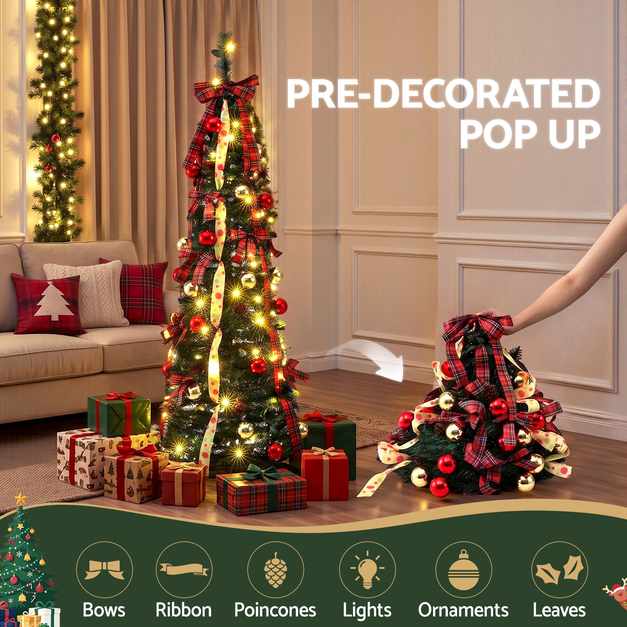 5.2FT Pre-lit LED Pop-Up Christmas Tree - Tartan Ribbon