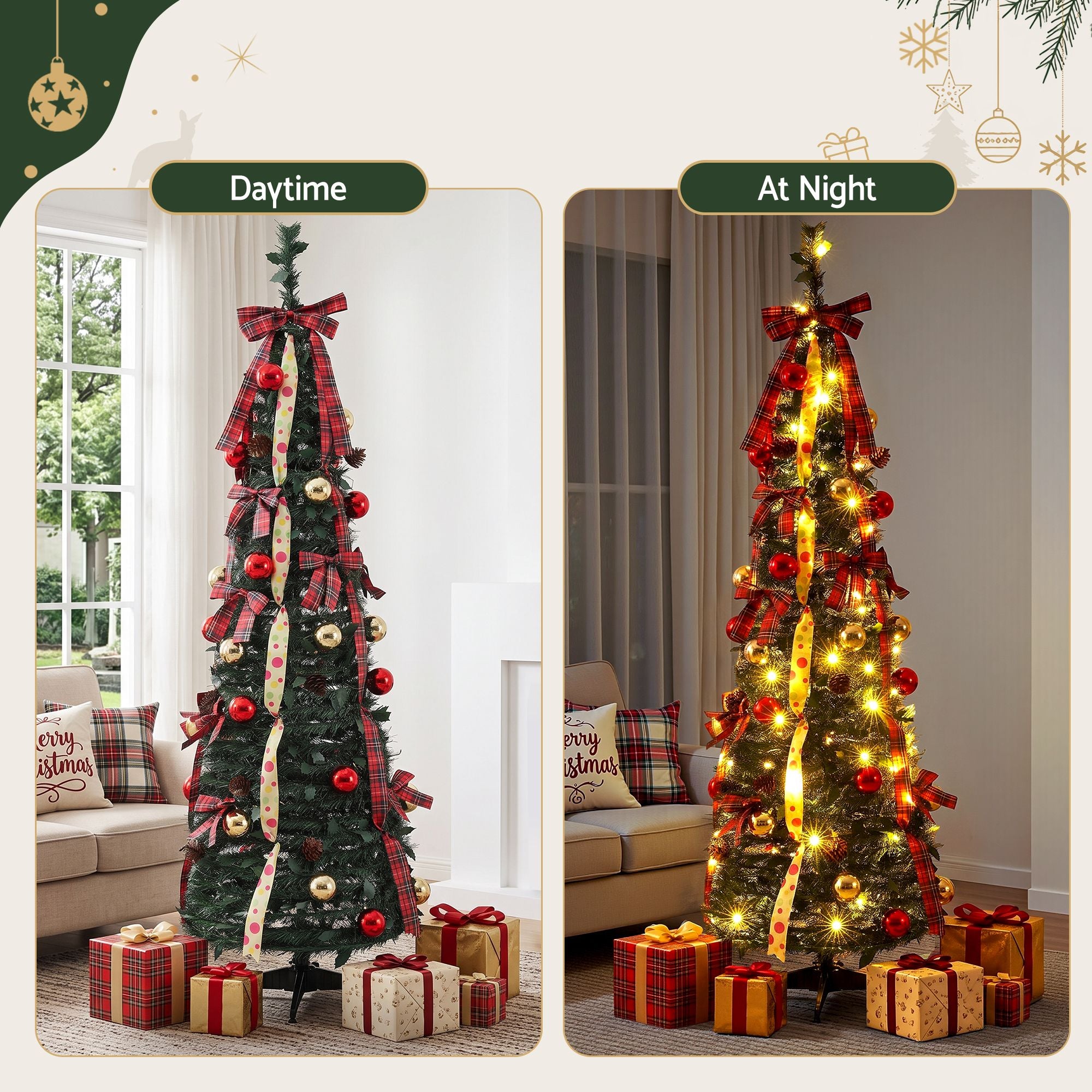 5.2FT Pre-lit LED Pop-Up Christmas Tree - Tartan Ribbon