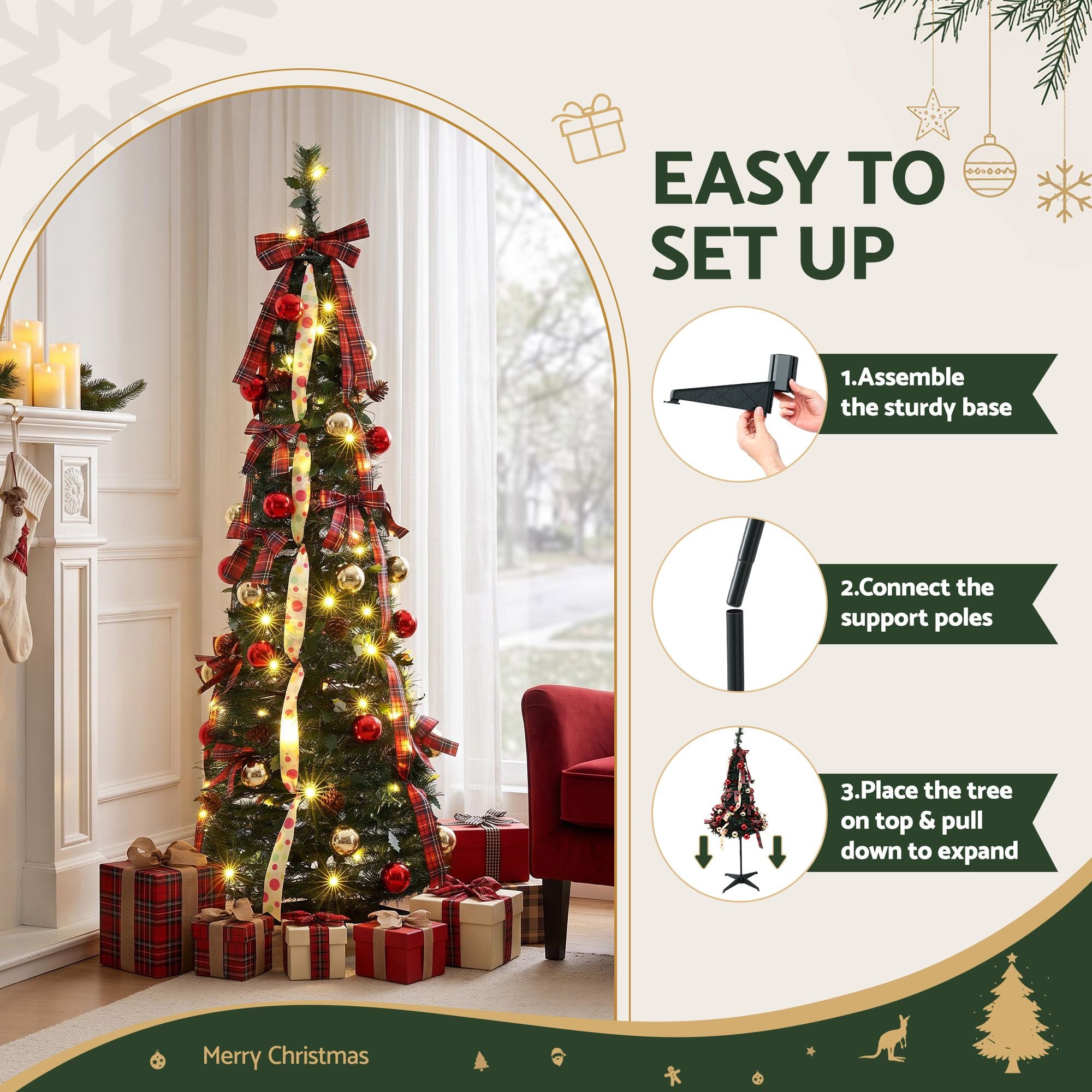 5.2FT Pre-lit LED Pop-Up Christmas Tree - Tartan Ribbon