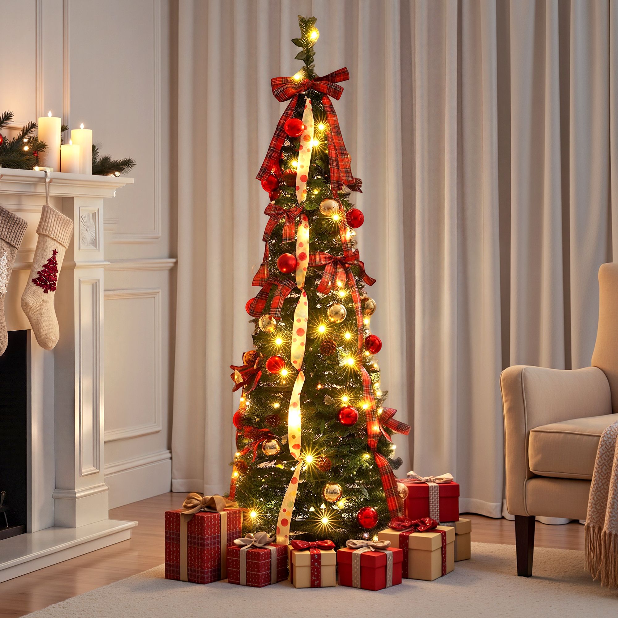 5.2FT Pre-lit LED Pop-Up Christmas Tree - Tartan Ribbon