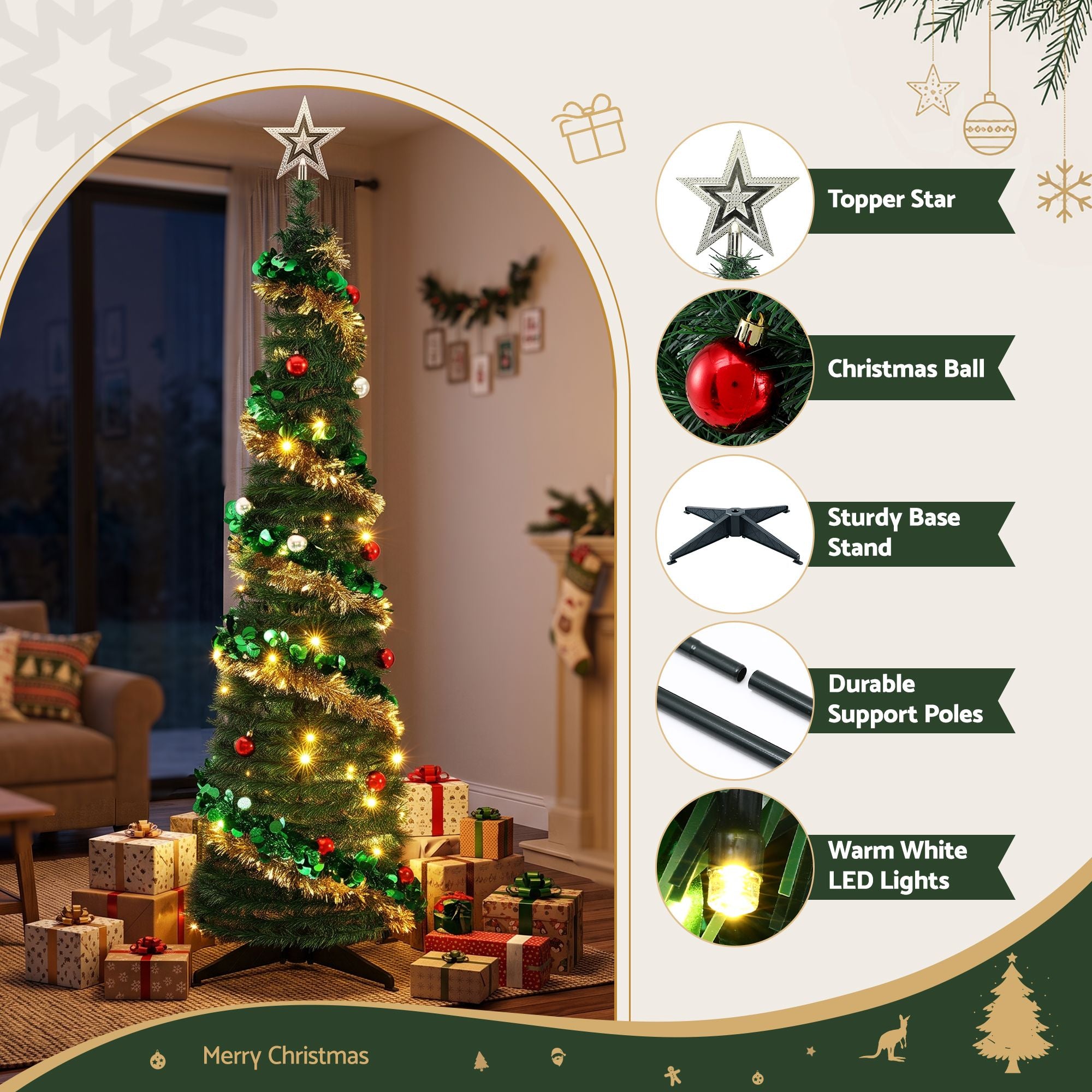 5.2FT Pre-lit LED Pop-Up Christmas Tree - Gold & Green Tinsel