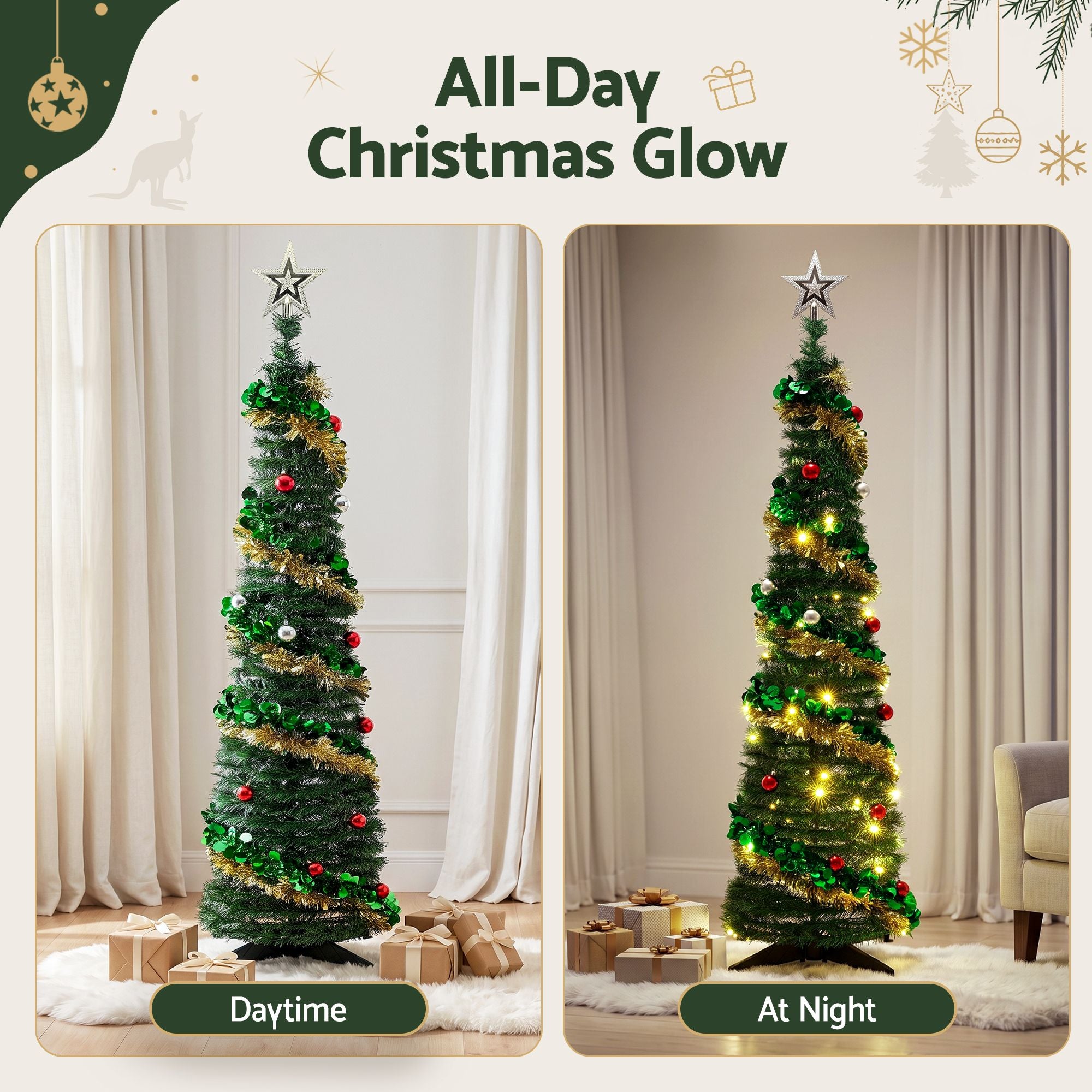 5.2FT Pre-lit LED Pop-Up Christmas Tree - Gold & Green Tinsel
