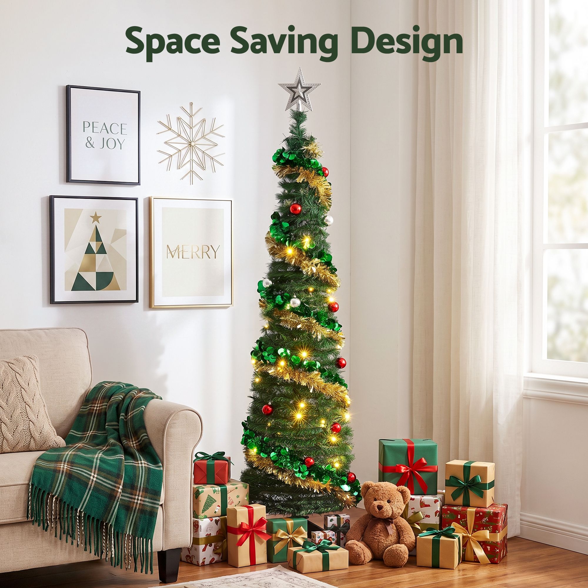 5.2FT Pre-lit LED Pop-Up Christmas Tree - Gold & Green Tinsel
