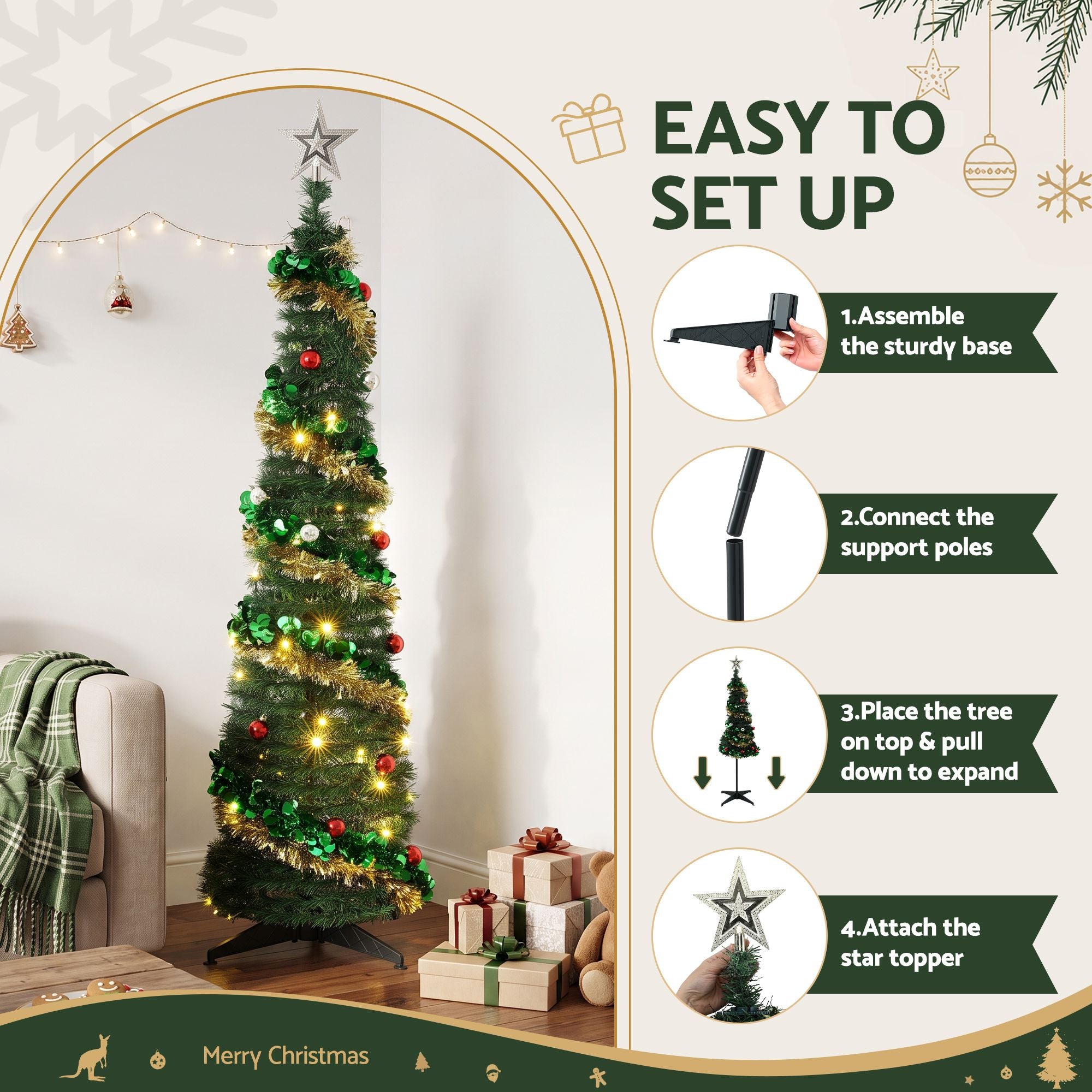 5.2FT Pre-lit LED Pop-Up Christmas Tree - Gold & Green Tinsel