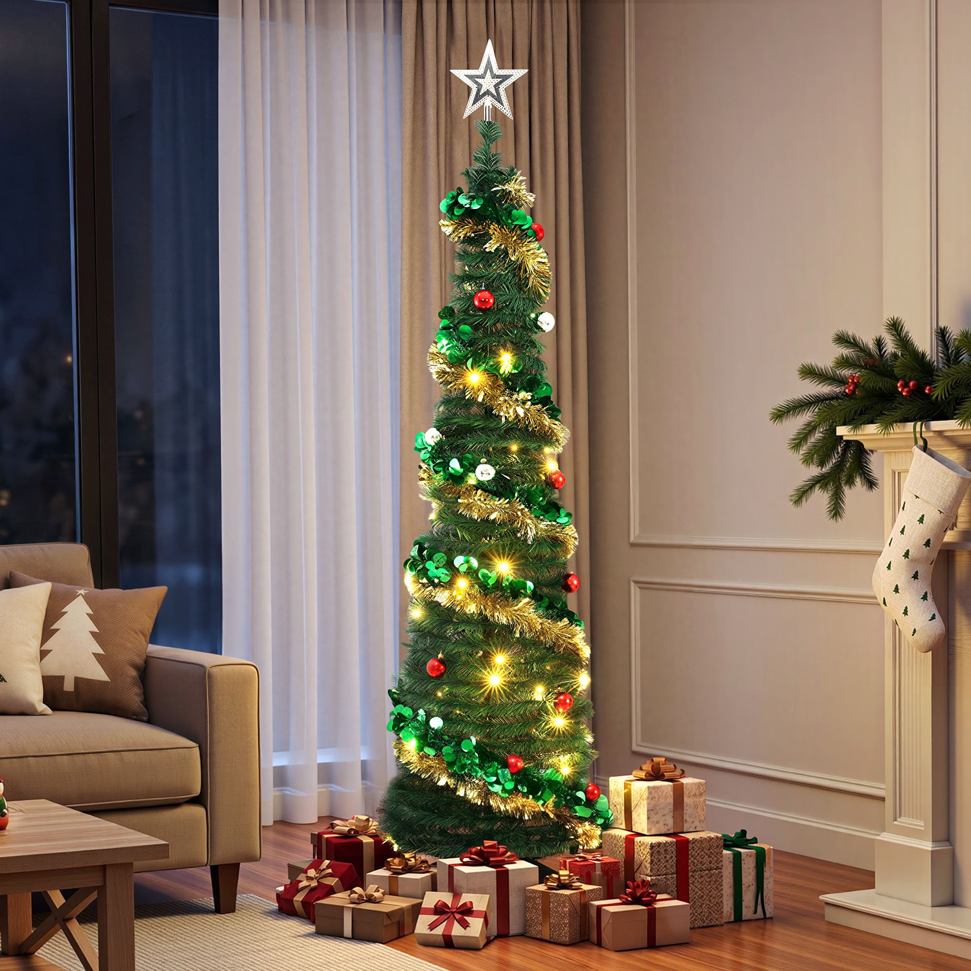 5.2FT Pre-lit LED Pop-Up Christmas Tree - Gold & Green Tinsel