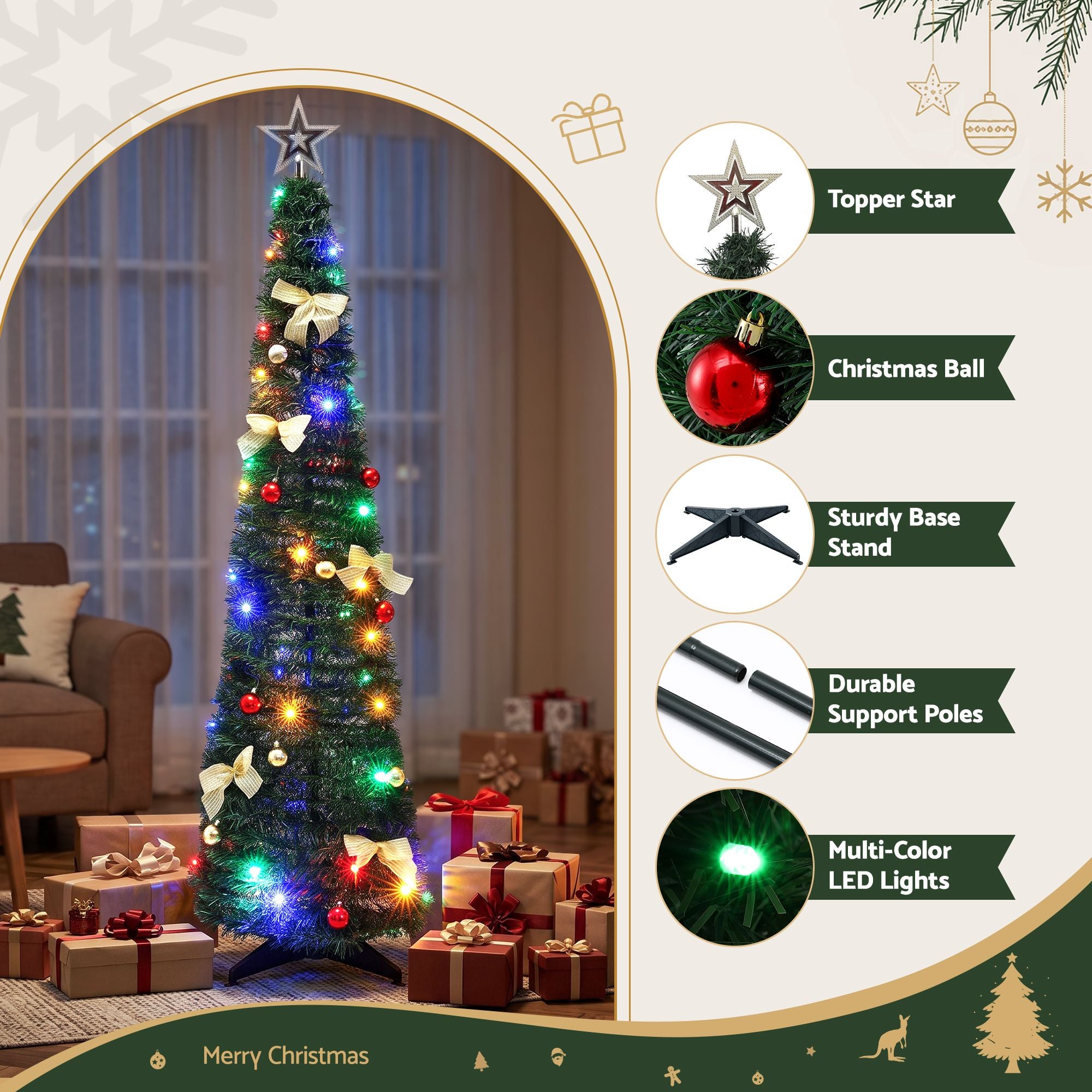 5FT Pre-lit Multicolour LED Pop-Up Christmas Tree – Gold Bow