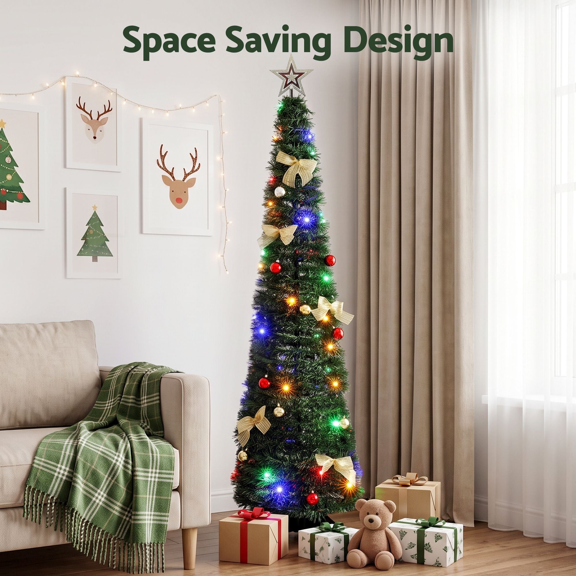 5FT Pre-lit Multicolour LED Pop-Up Christmas Tree – Gold Bow
