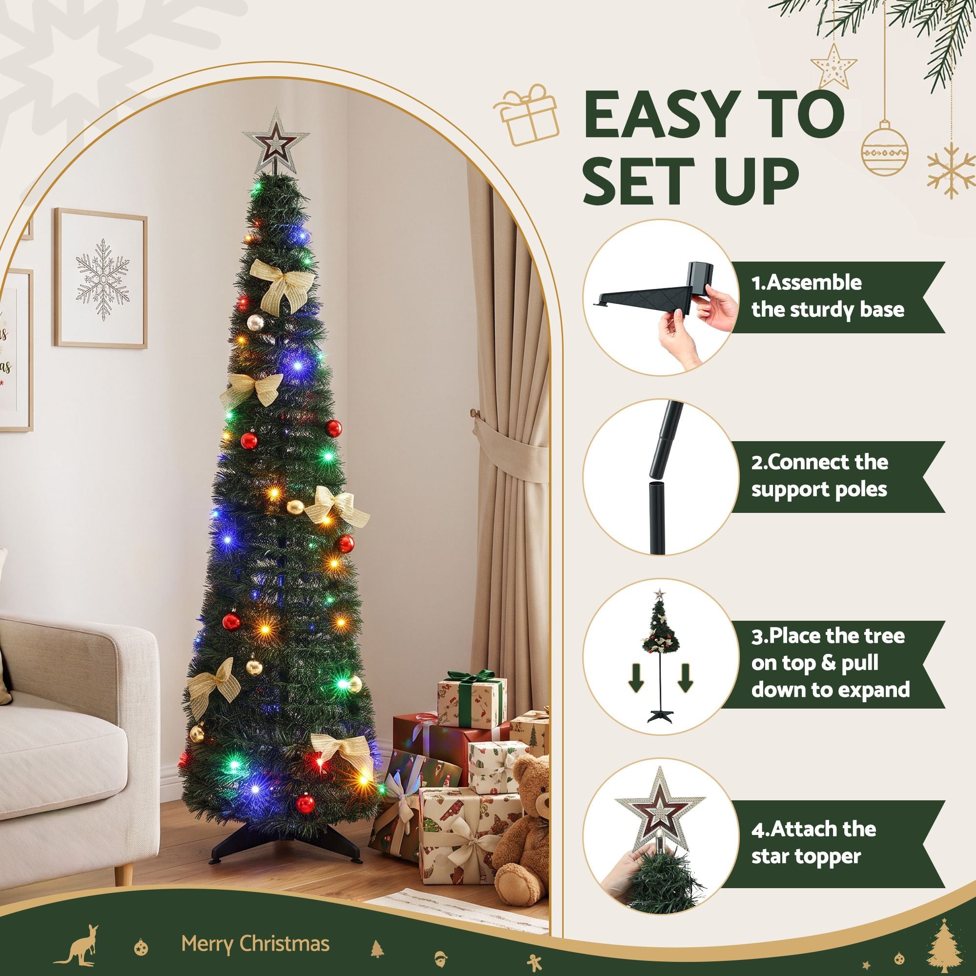 5FT Pre-lit Multicolour LED Pop-Up Christmas Tree – Gold Bow
