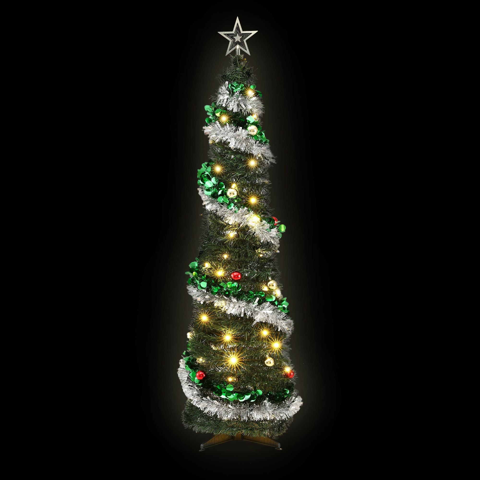 5FT Pre-lit LED Pop-Up Christmas Tree – Silver & Green Tinsel