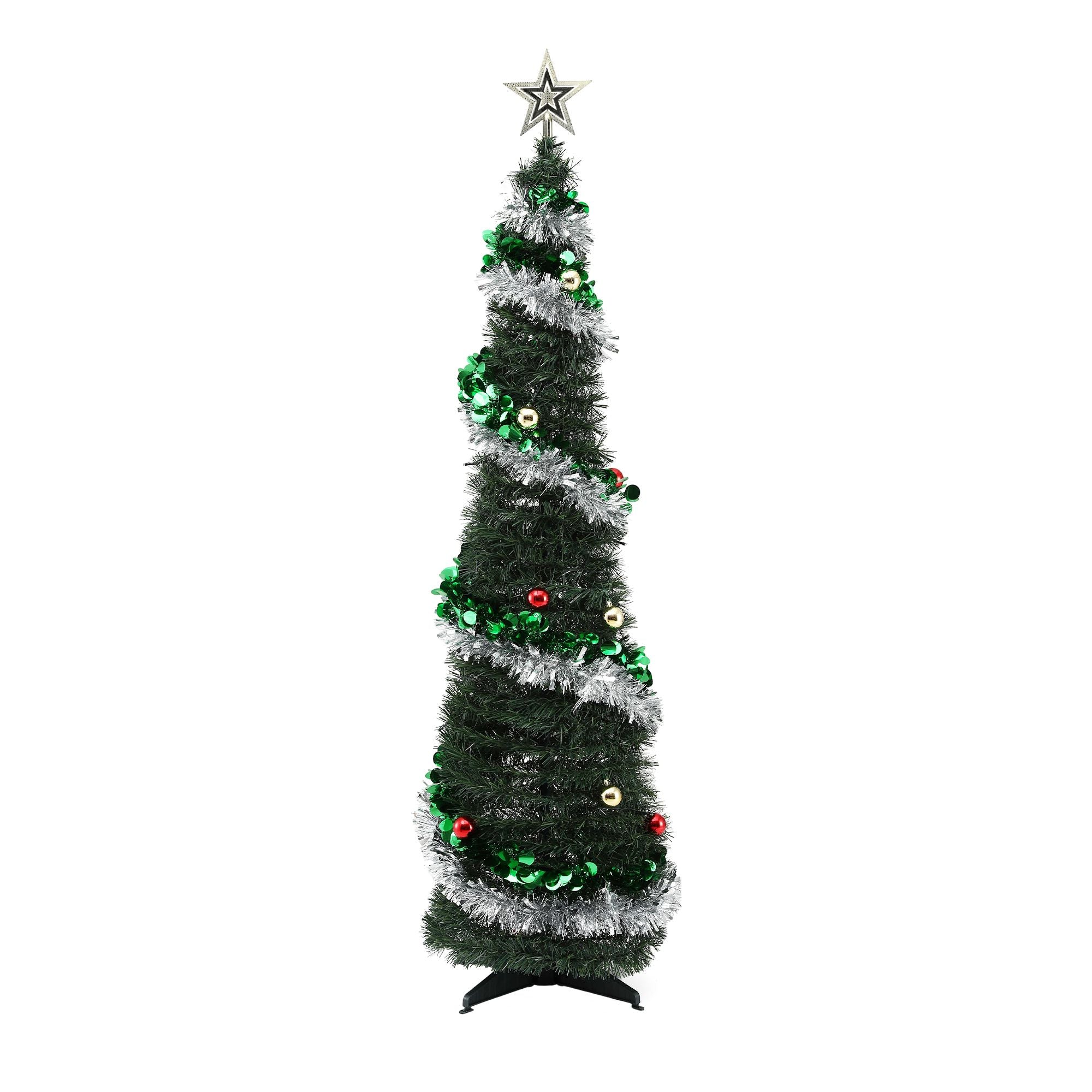 5FT Pre-lit LED Pop-Up Christmas Tree – Silver & Green Tinsel