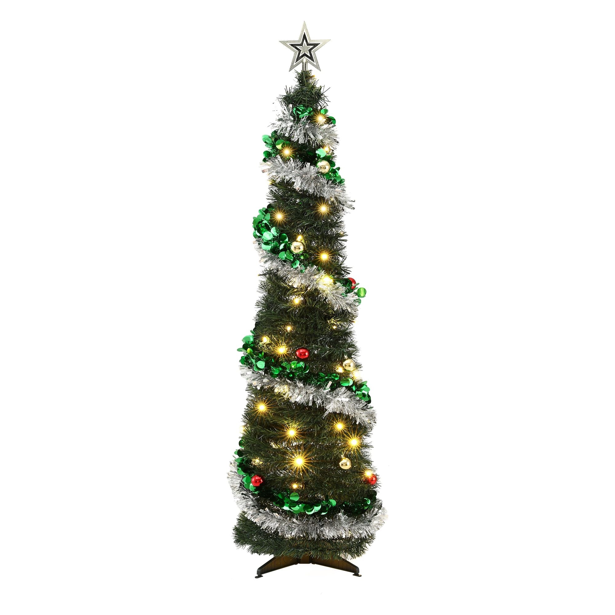 5FT Pre-lit LED Pop-Up Christmas Tree – Silver & Green Tinsel