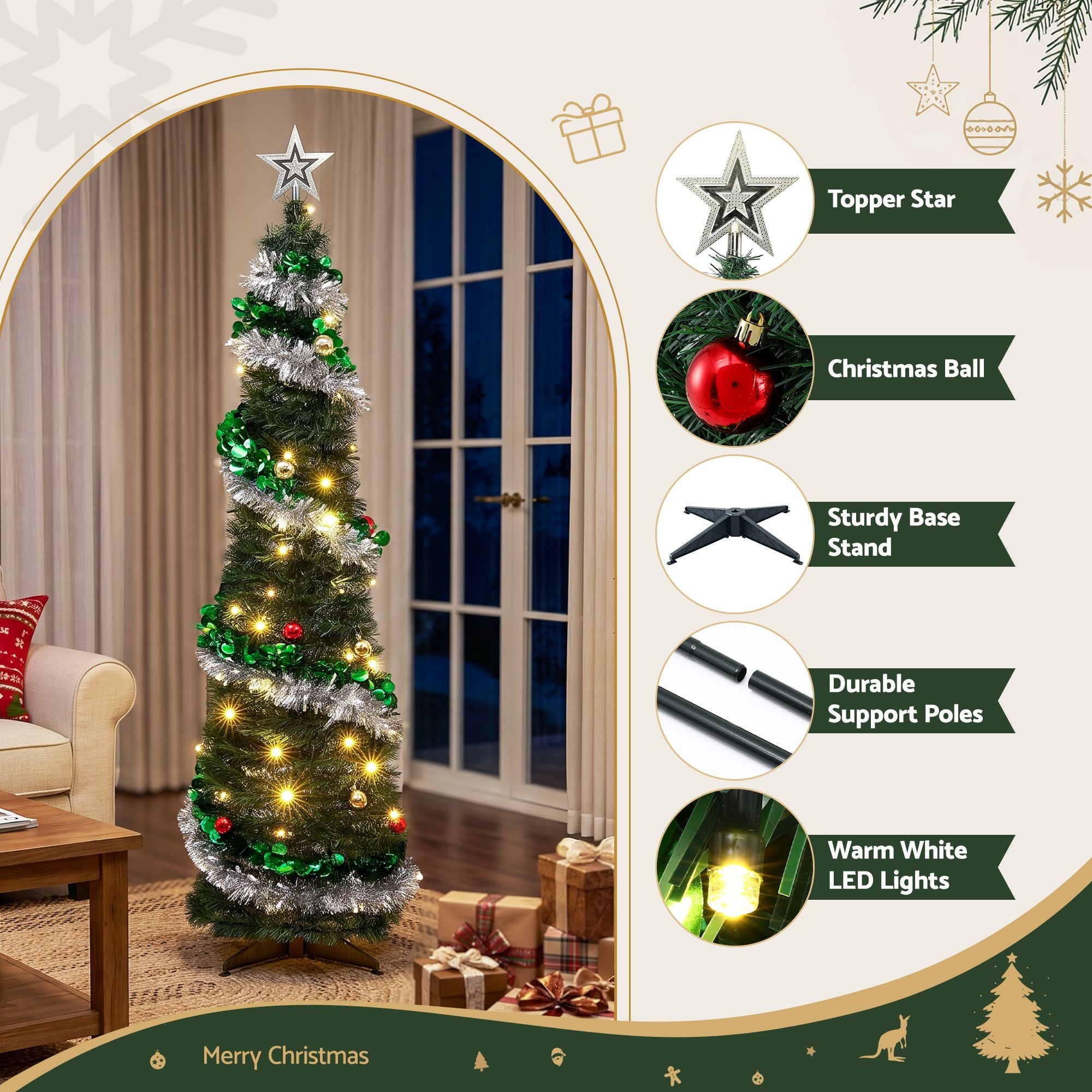 5FT Pre-lit LED Pop-Up Christmas Tree – Silver & Green Tinsel