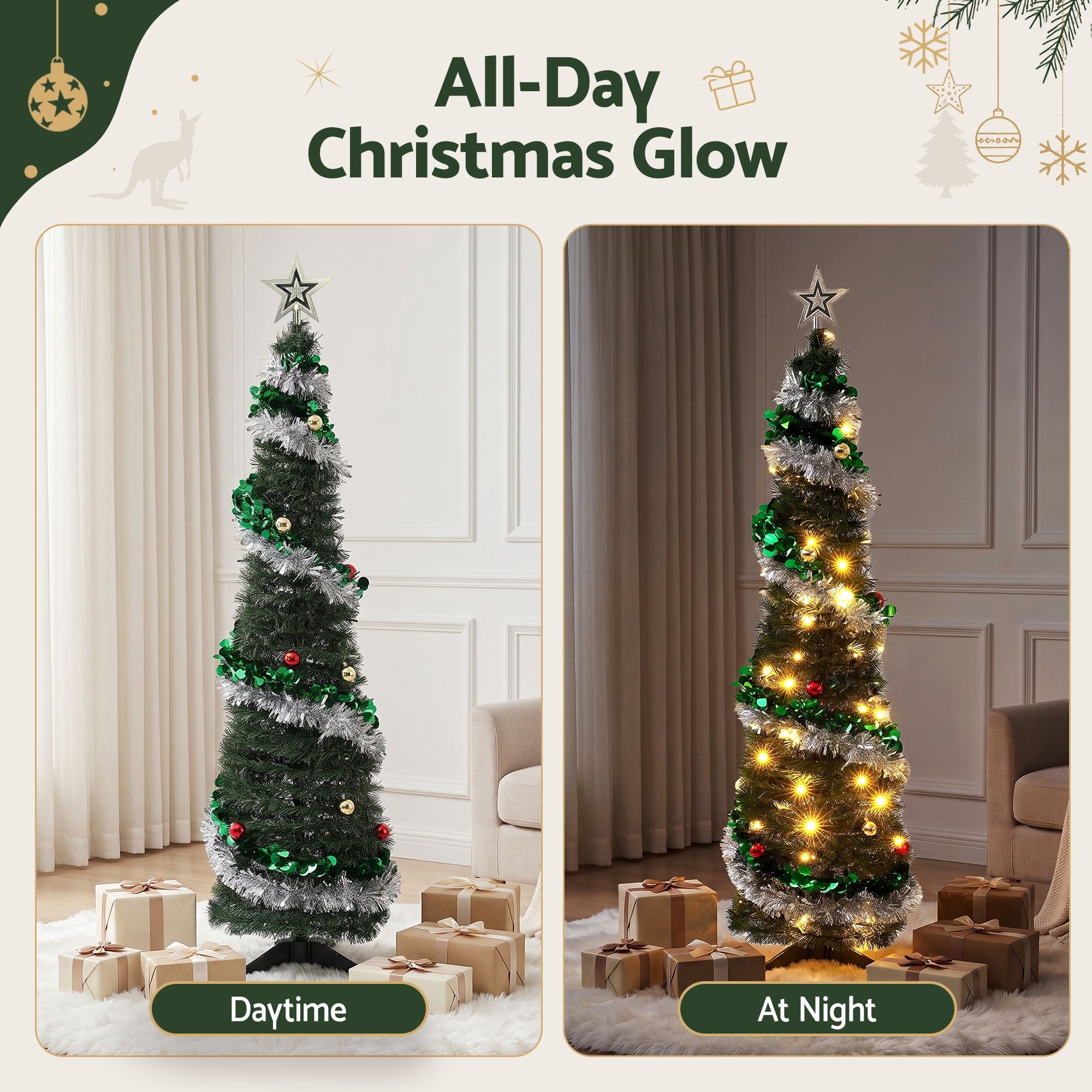 5FT Pre-lit LED Pop-Up Christmas Tree – Silver & Green Tinsel