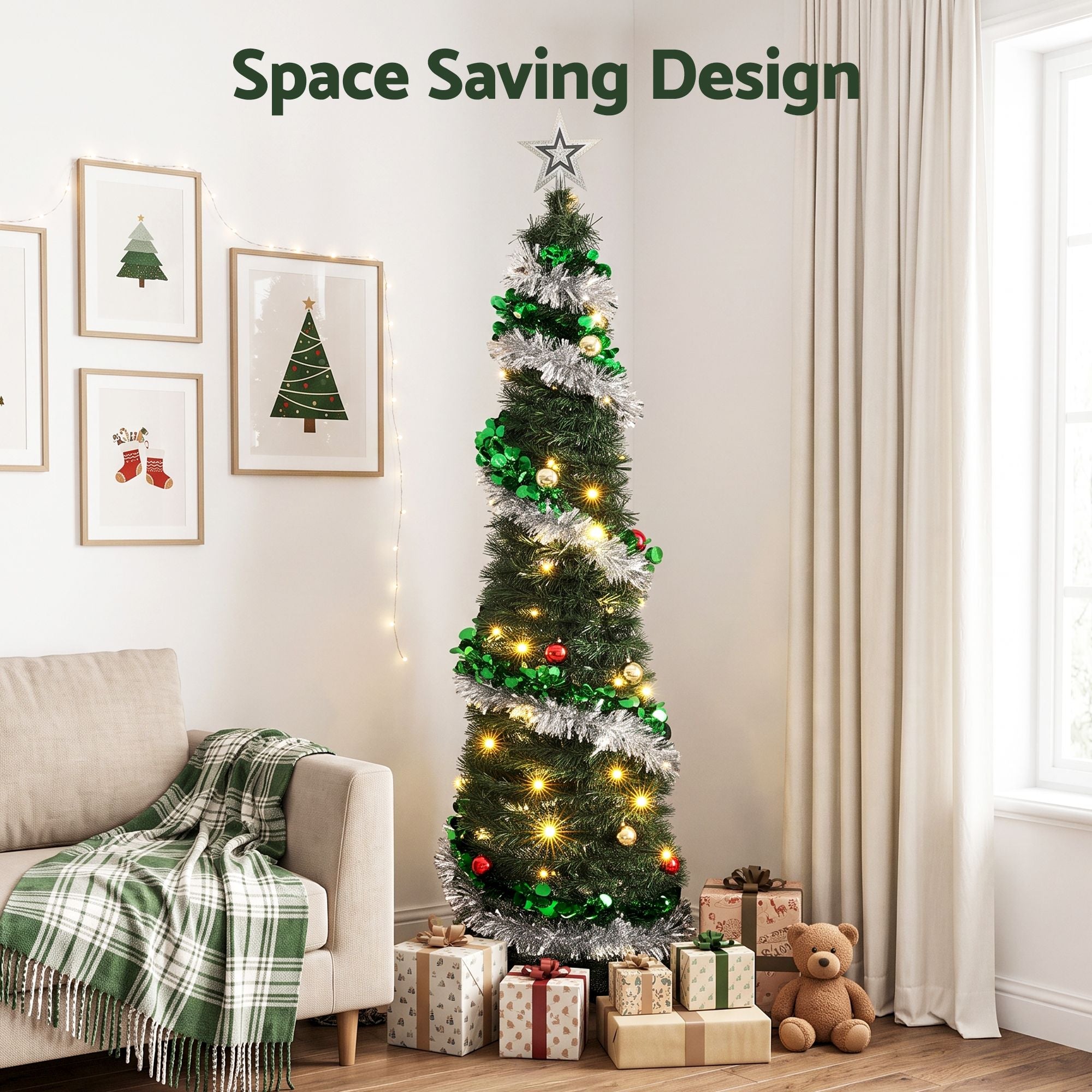 5FT Pre-lit LED Pop-Up Christmas Tree – Silver & Green Tinsel