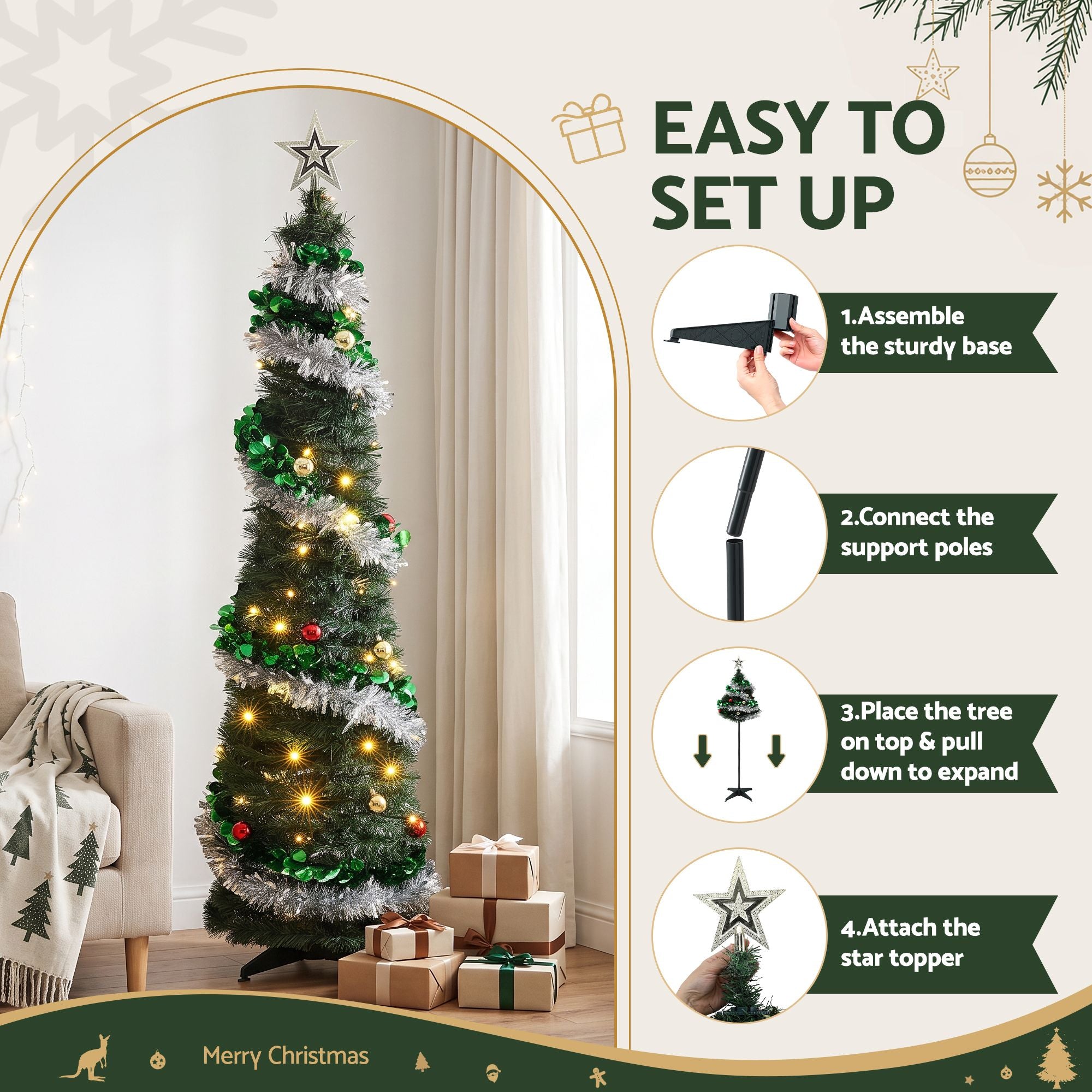 5FT Pre-lit LED Pop-Up Christmas Tree – Silver & Green Tinsel