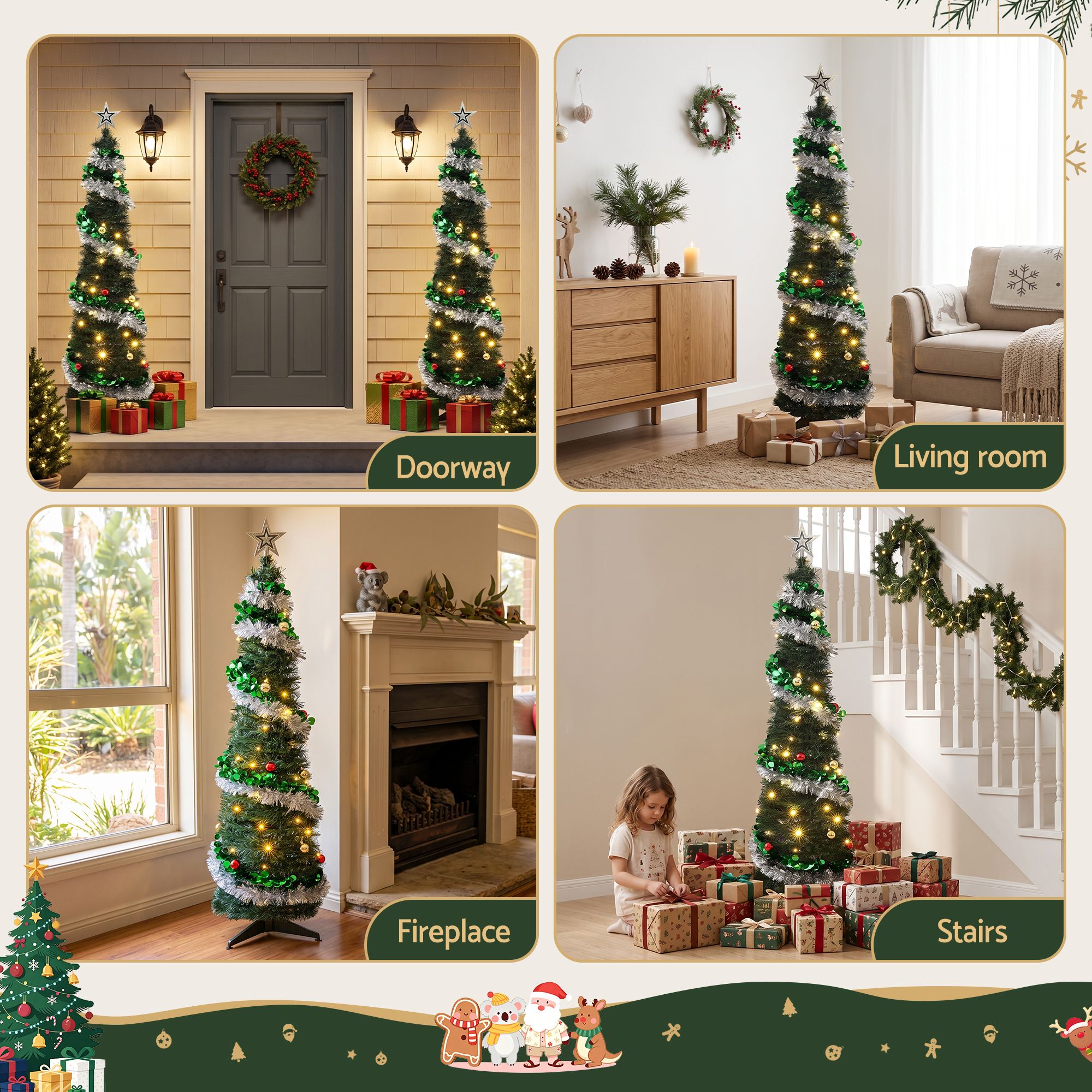 5FT Pre-lit LED Pop-Up Christmas Tree – Silver & Green Tinsel