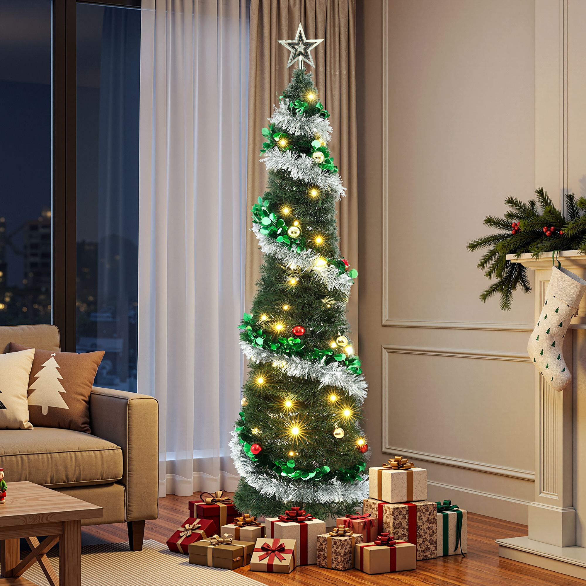 5FT Pre-lit LED Pop-Up Christmas Tree – Silver & Green Tinsel