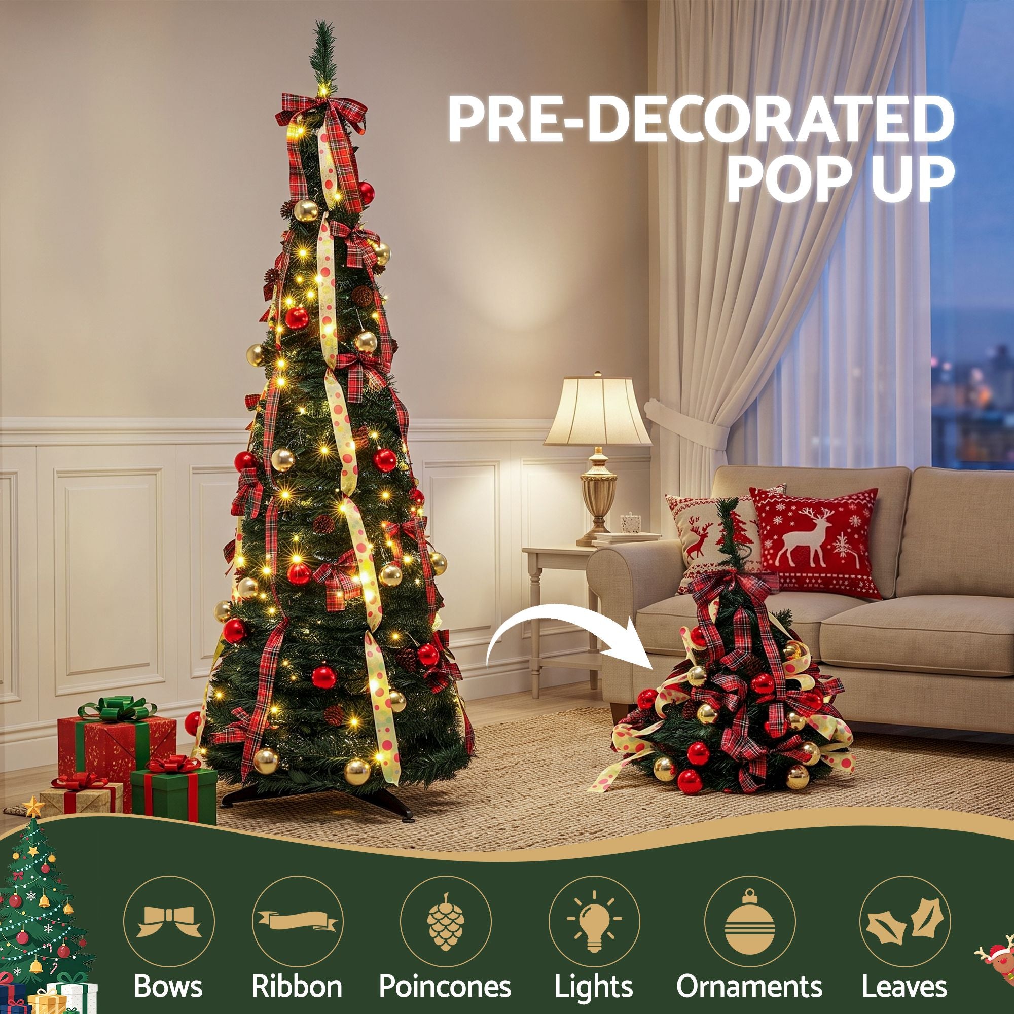 6.5FT Pre-lit LED Pop-Up Christmas Tree – Tartan Ribbon