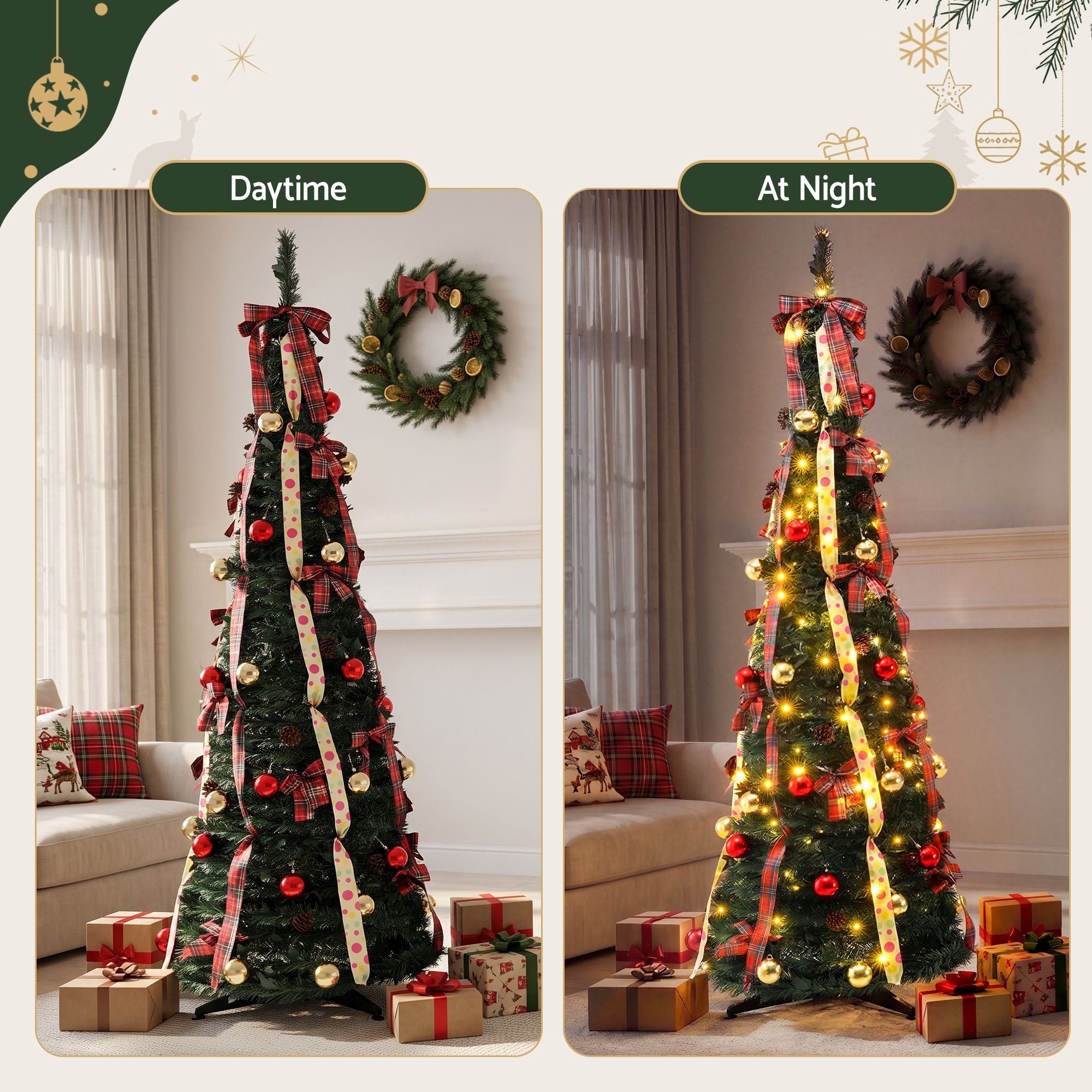 6.5FT Pre-lit LED Pop-Up Christmas Tree – Tartan Ribbon