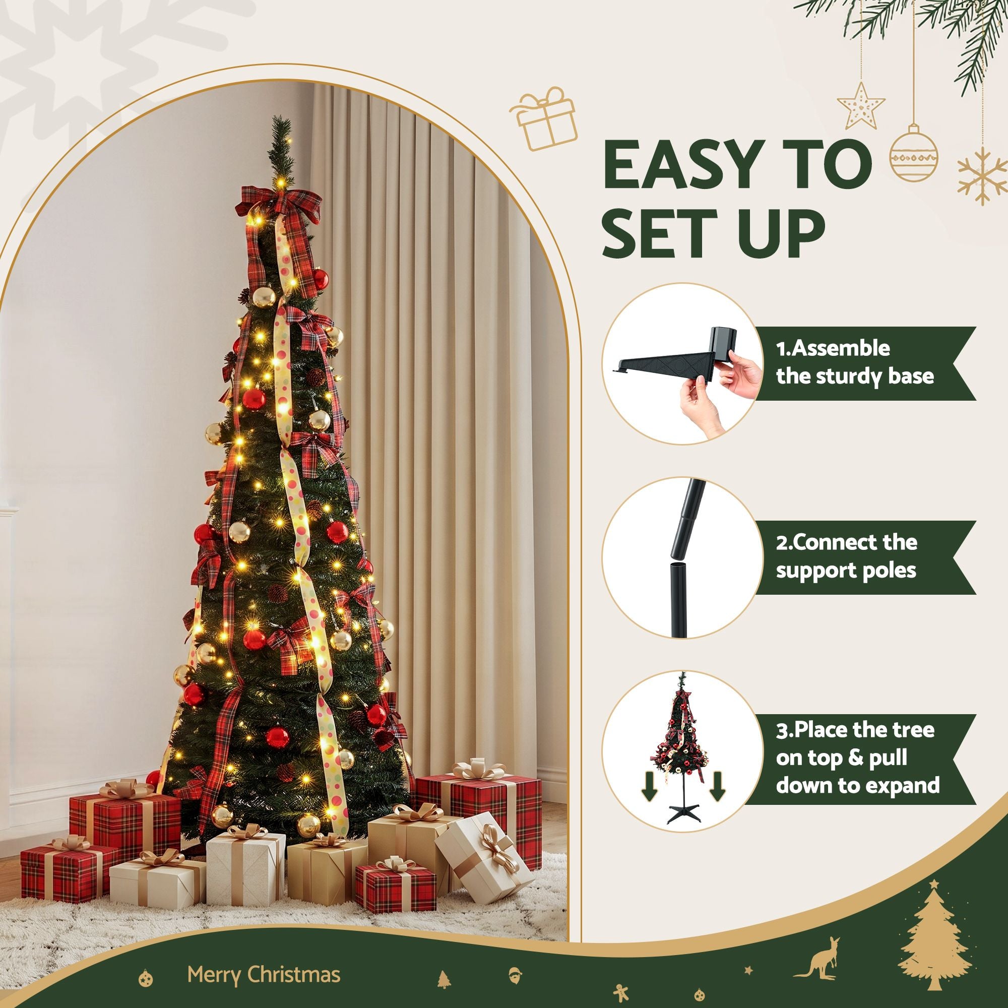 6.5FT Pre-lit LED Pop-Up Christmas Tree – Tartan Ribbon