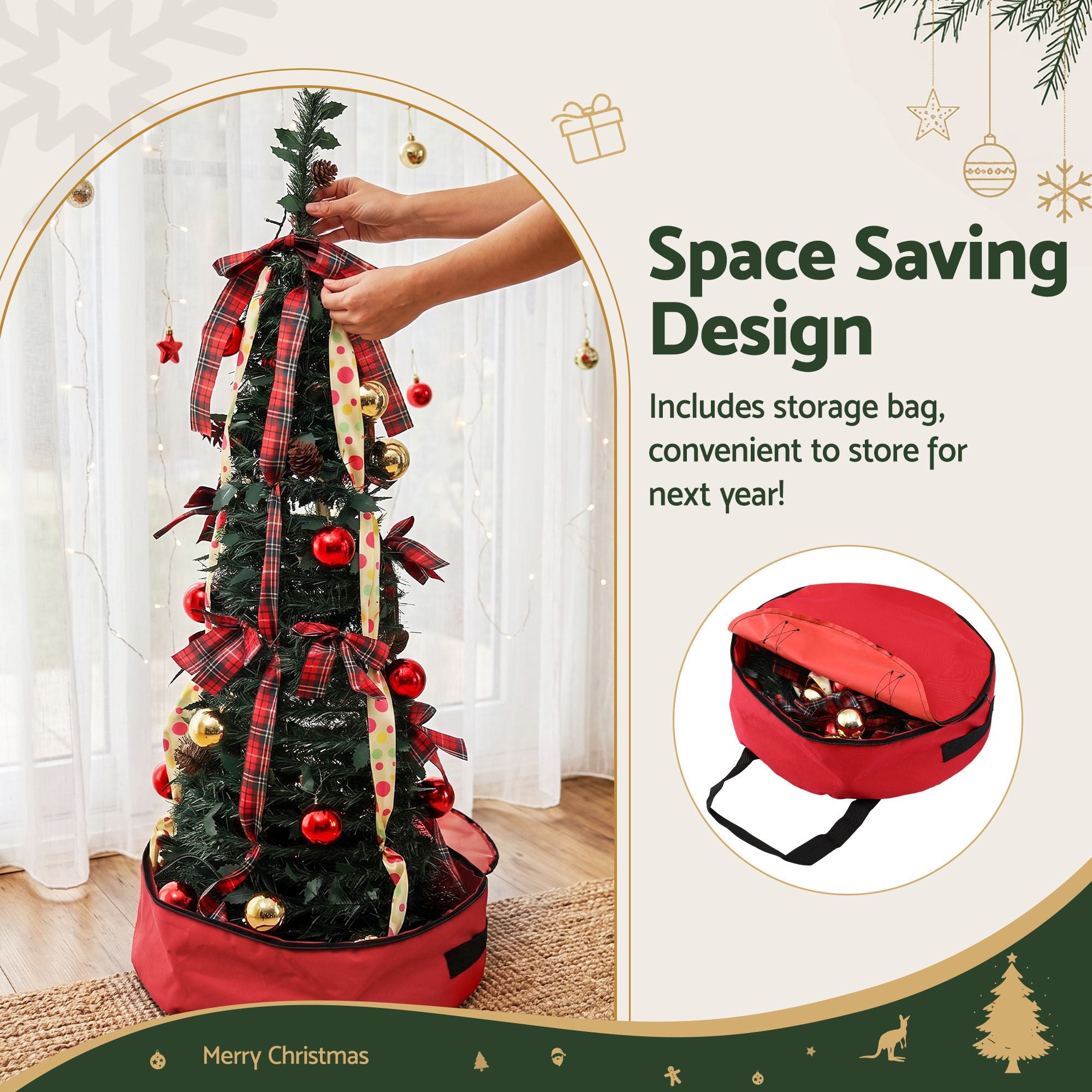 6.5FT Pre-lit LED Pop-Up Christmas Tree – Tartan Ribbon