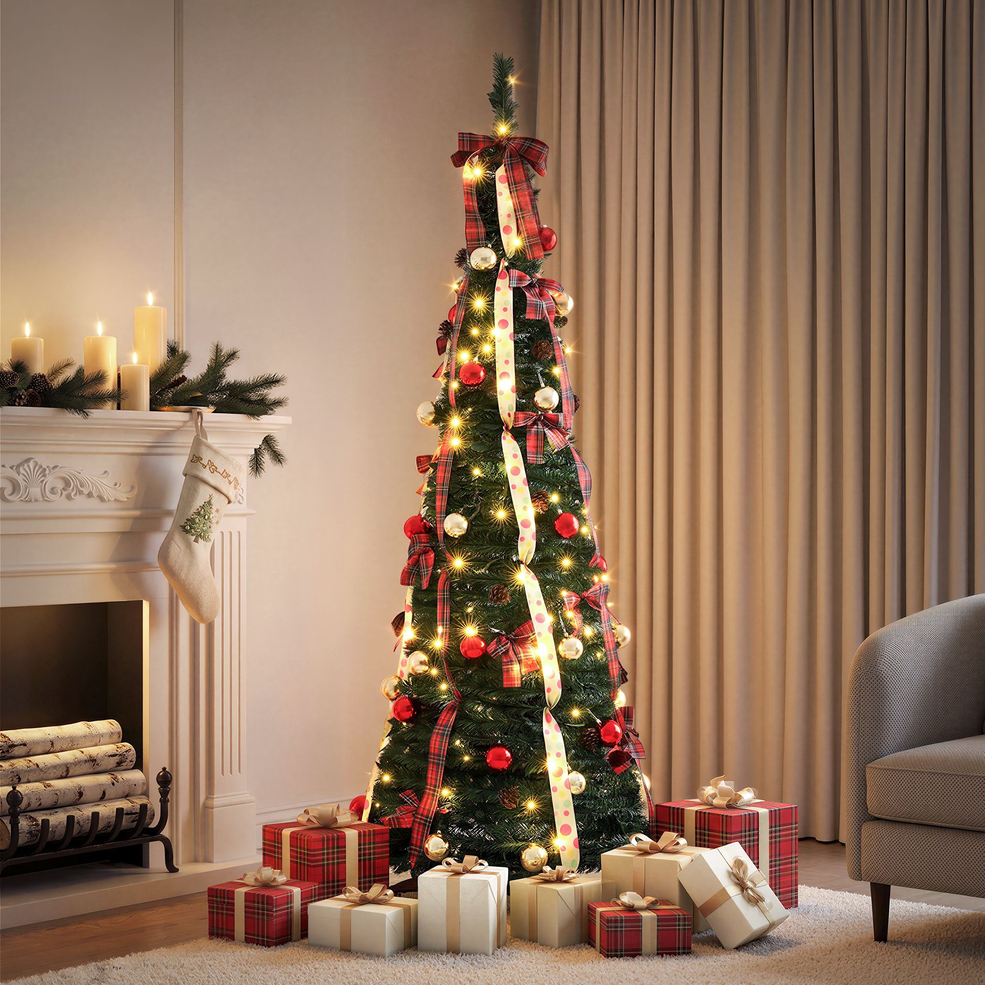 6.5FT Pre-lit LED Pop-Up Christmas Tree – Tartan Ribbon
