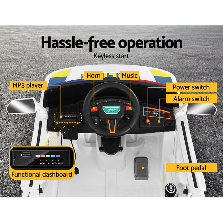 Kids Ride On Electric Police Car with Remote Control 12V White - Homecoze