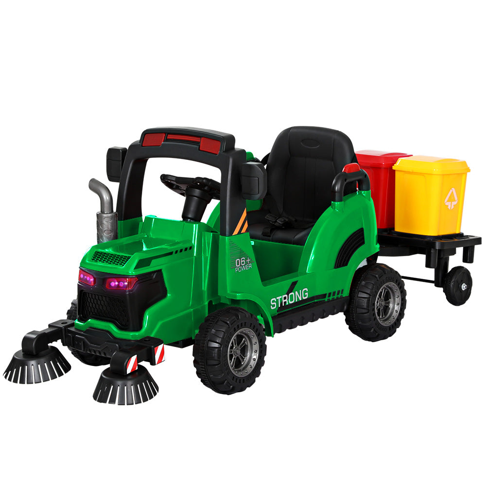 Kids Ride On Car Street Sweeper Truck w/Rotating Brushes and Garbage Cans - Green - Homecoze