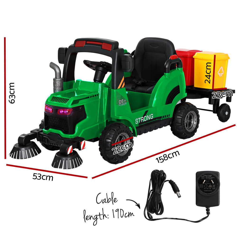 Kids Ride On Car Street Sweeper Truck w/Rotating Brushes and Garbage Cans - Green