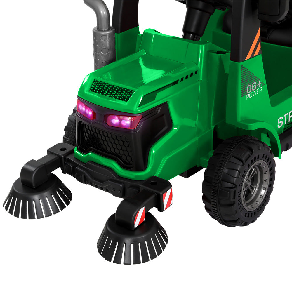 Kids Ride On Car Street Sweeper Truck w/Rotating Brushes and Garbage Cans - Green - Homecoze