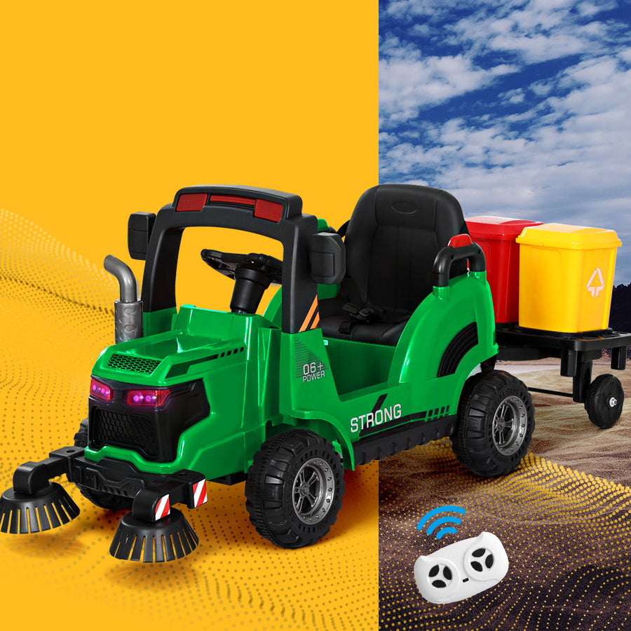 Kids Ride On Car Street Sweeper Truck w/Rotating Brushes and Garbage Cans - Green - Homecoze