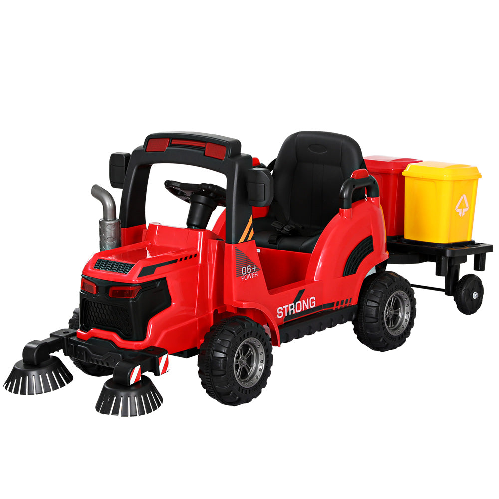 Kids Ride On Car Street Sweeper Truck w/Rotating Brushes and Garbage Cans - Red - Homecoze