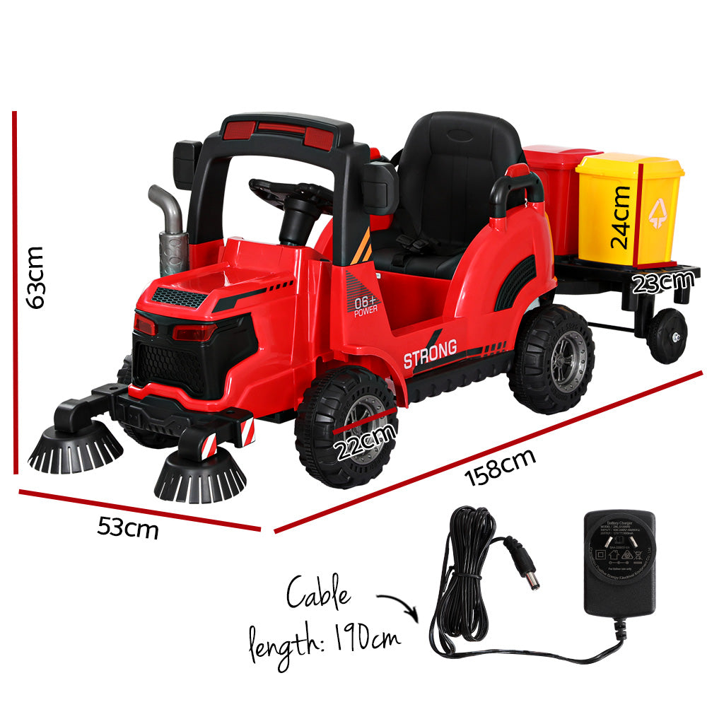 Kids Ride On Car Street Sweeper Truck w/Rotating Brushes and Garbage Cans - Red