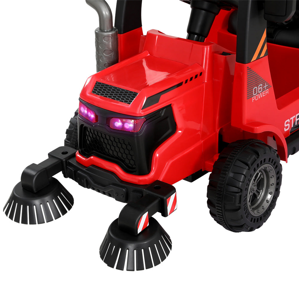 Kids Ride On Car Street Sweeper Truck w/Rotating Brushes and Garbage Cans - Red