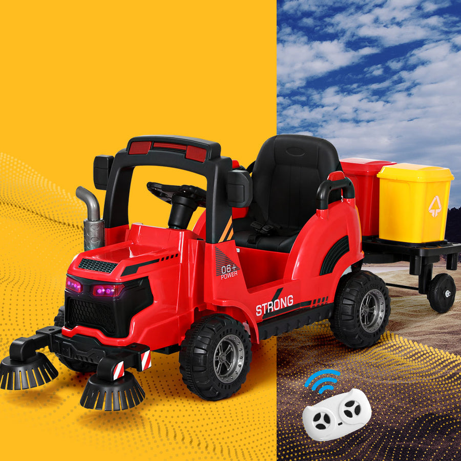 Kids Ride On Car Street Sweeper Truck w/Rotating Brushes and Garbage Cans - Red - Homecoze