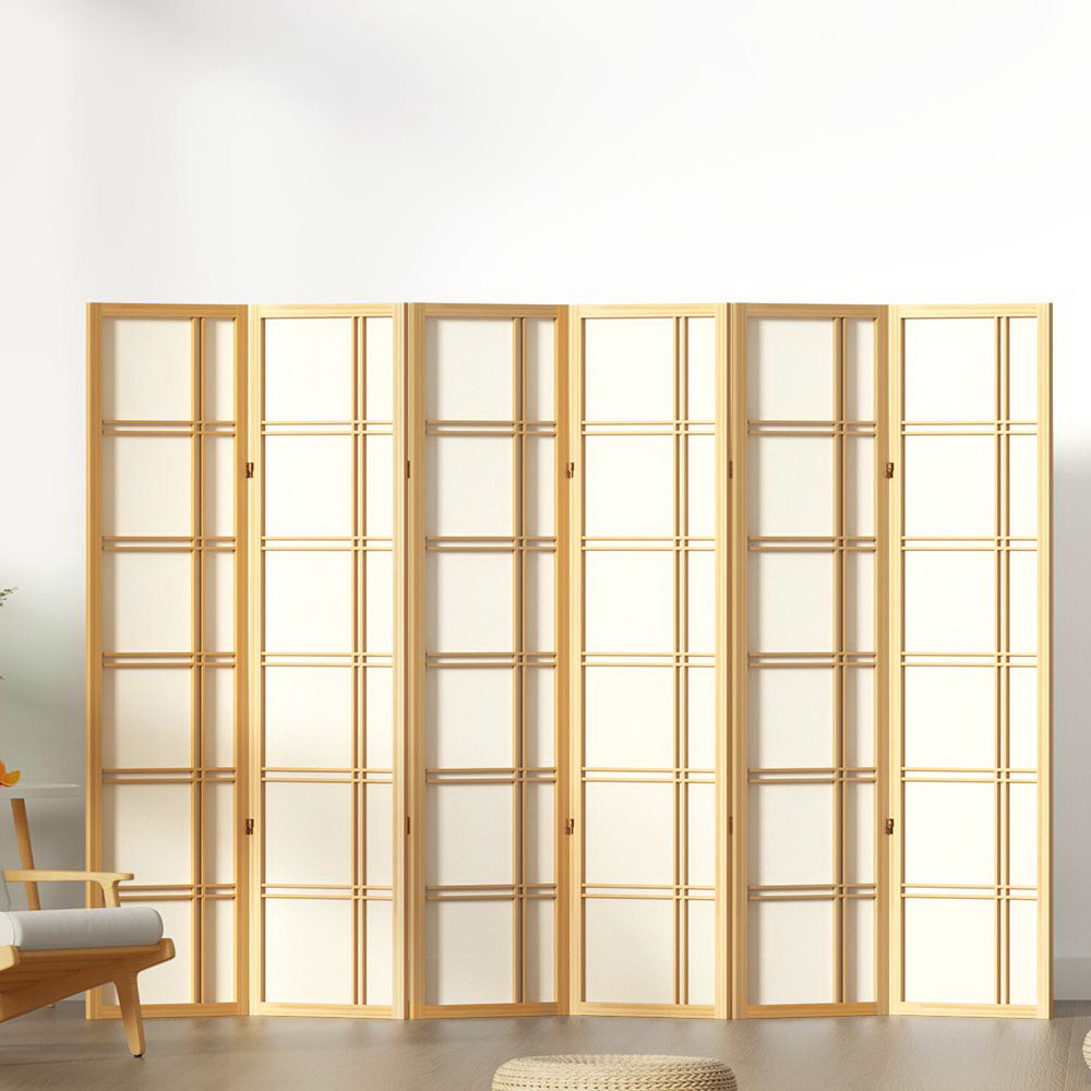 Nara 6 Panel Room Divider Privacy Screen – Pine & White