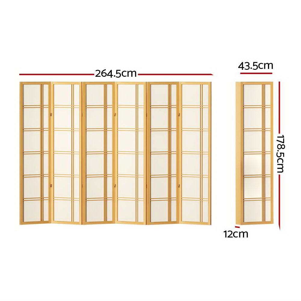 Nara 6 Panel Room Divider Privacy Screen – Pine & White