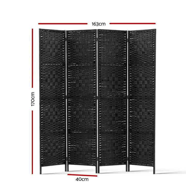 4 Panel Rattan Woven Room Divider Privacy Screen - Black - Homecoze