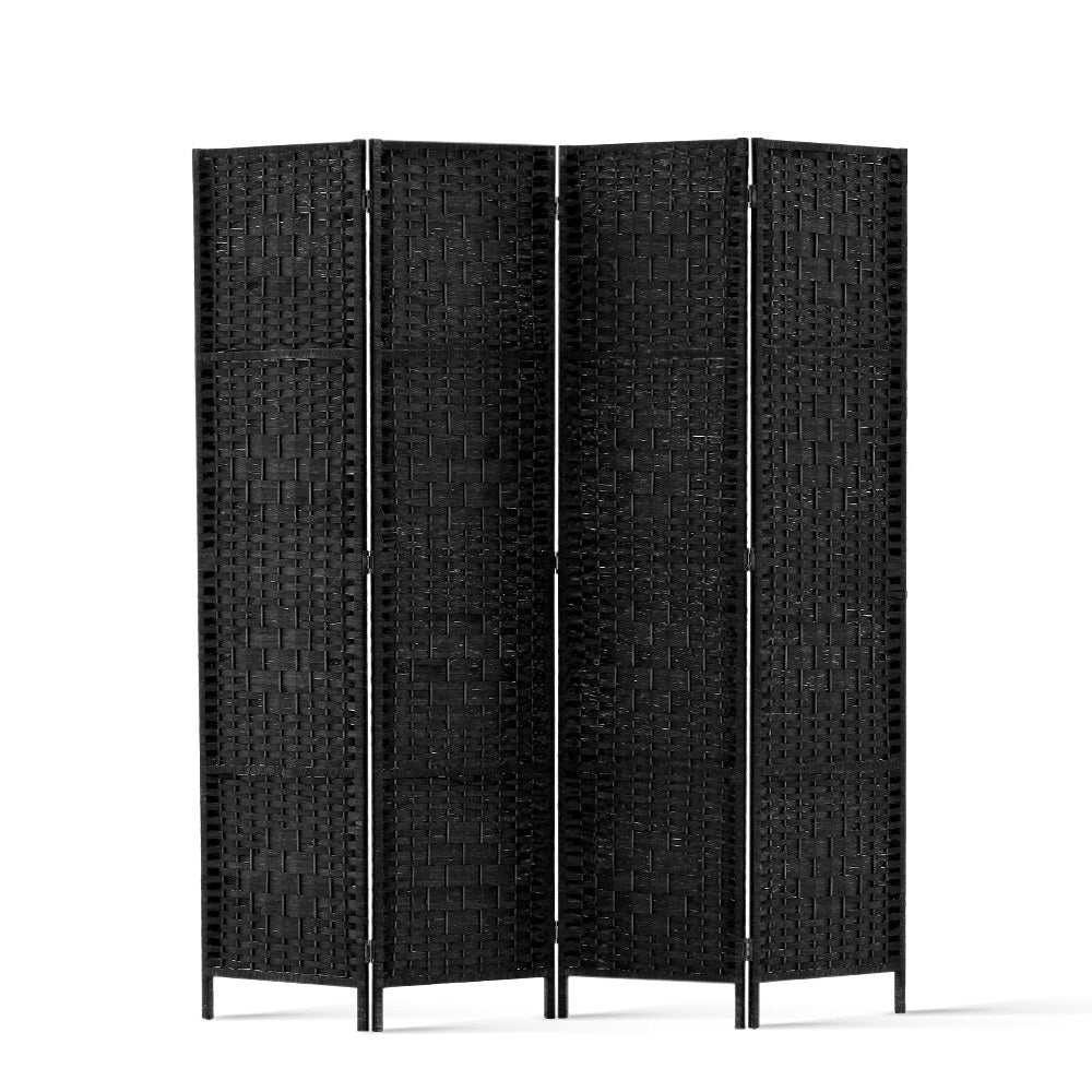 4 Panel Rattan Woven Room Divider Privacy Screen - Black - Homecoze